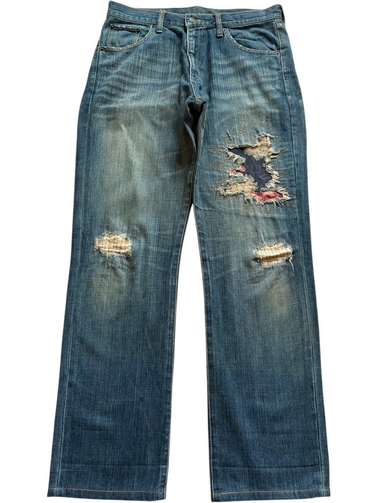 Japanese Brand Vintage Japanese Brand Mud Wash Sashiko Patched Baggy Jeans Size US 33 - 1 Thumbnail