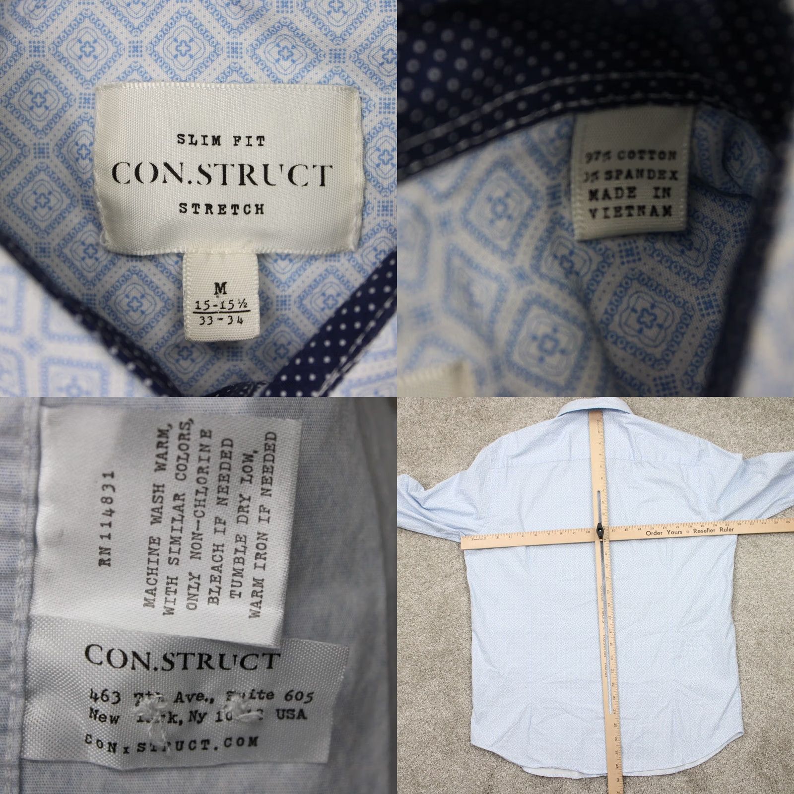 Vintage Construct Blue Slim Fit Dress Shirt Mens 15 1/2 33/34 L/S Non-Iron Quick Dry 97% Cotton 3% Spandex Button Collar Barrel Cuff Geometric Pattern Size US L / EU 52-54 / 3 - 8 Thumbnail
