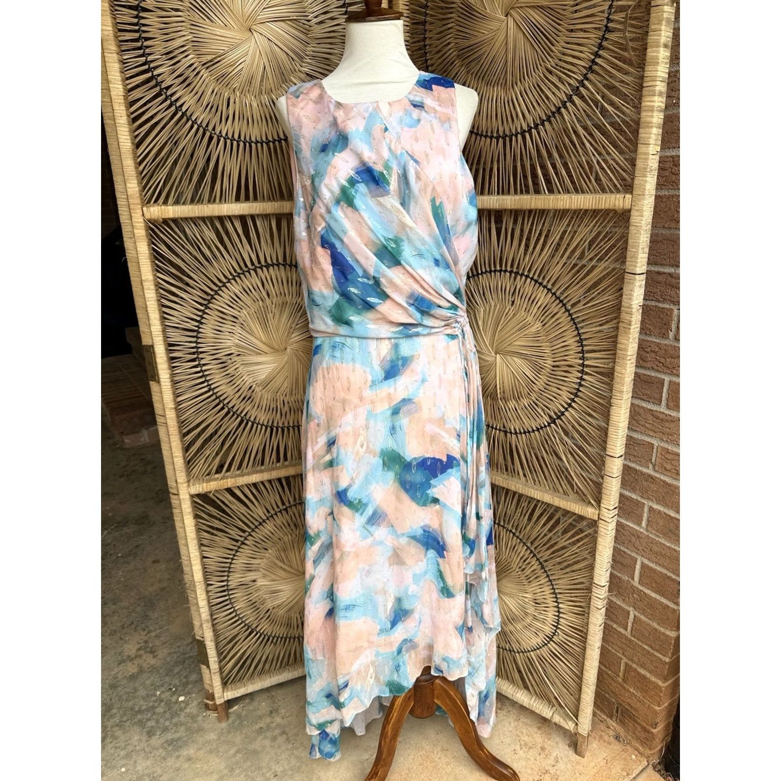 Vintage Shoshanna Blue Macie Brushstroke-Print Hi-Low Gown Dress Size 12 Womens Maxi Plateau? Size XL / US 12-14 / IT 48-50 - 2 Thumbnail