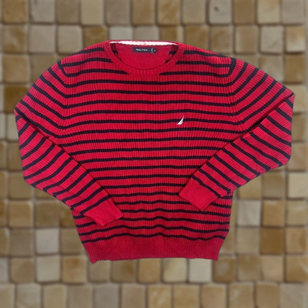 Nautica Nautica Jumper Cotton Knit Embroidered Mini Logo Red Black Striped XL Pullover Men Size US XL / EU 56 / 4 - 1 Thumbnail