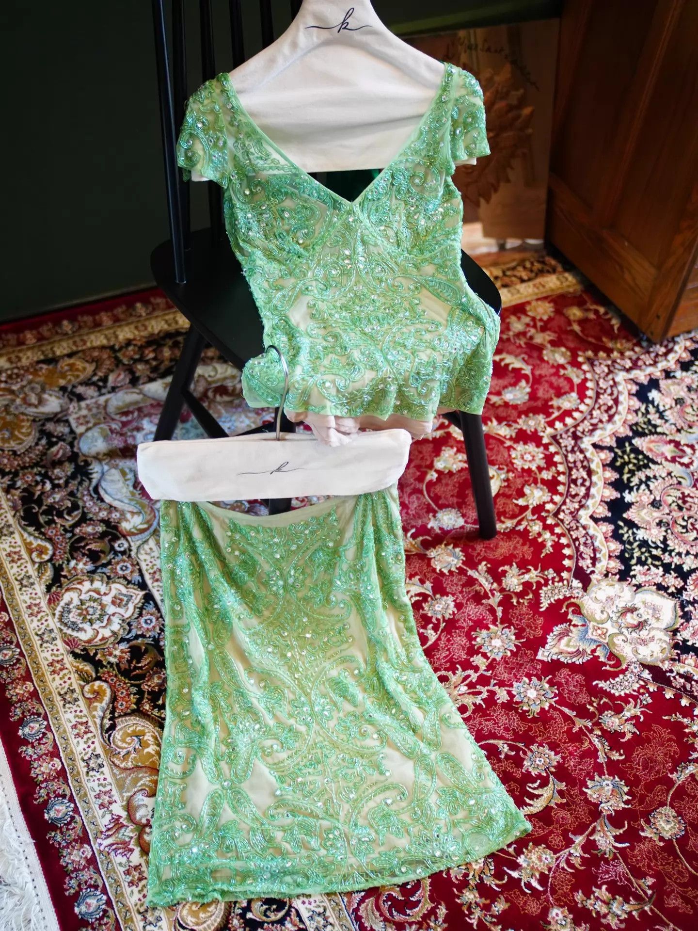 Other Vintage USA Green Silk Organza Hand Beaded Top & Skirt Set Size M / US 6-8 / IT 42-44 - 9 Thumbnail