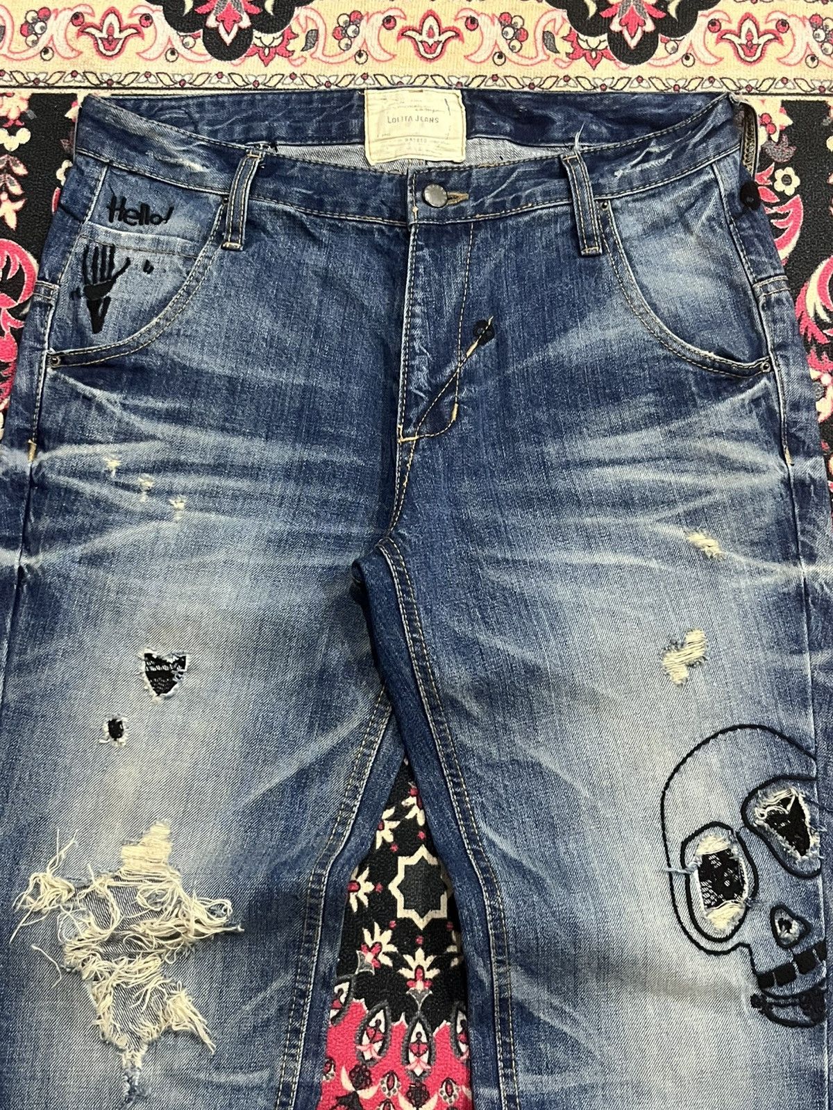 Hysteric Glamour Vintage Lolita “Doodles Skull” Distressed Blue Washed Jeans Size US 32 / EU 48 - 4 Thumbnail