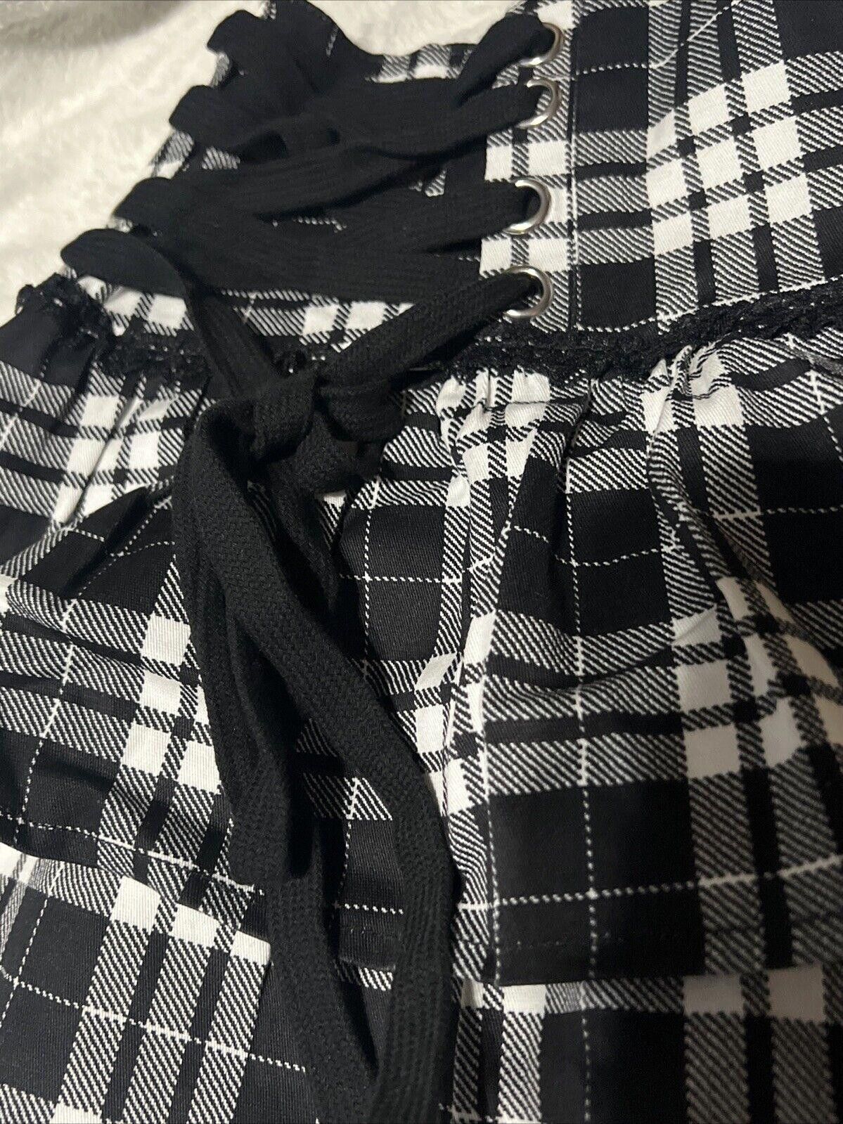 Designer S White & Black Plaid Widow Mini Skirt Lace Pleated Goth Size 28" / US 6 / IT 42 - 3 Thumbnail