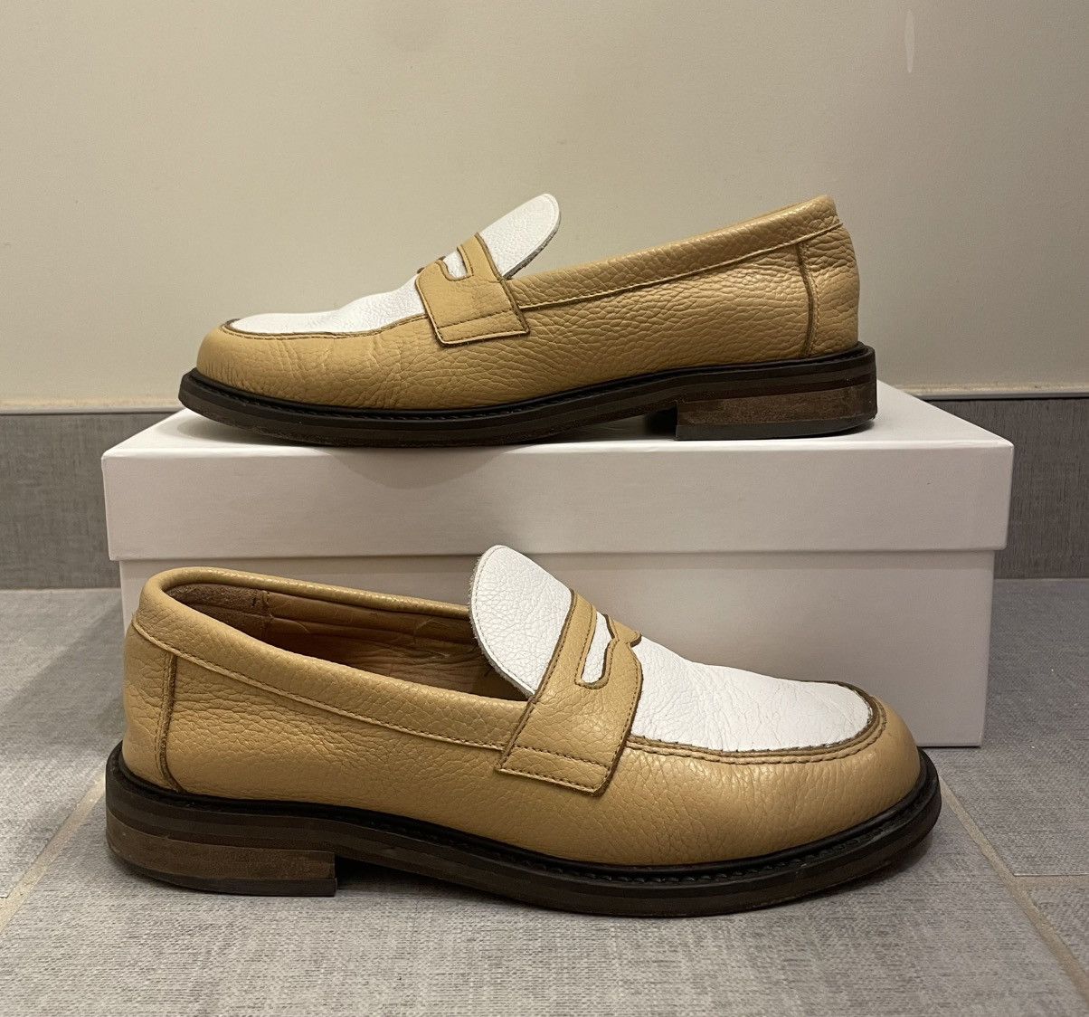 Aime Leon Dore Penny Loafers Camel White Beige