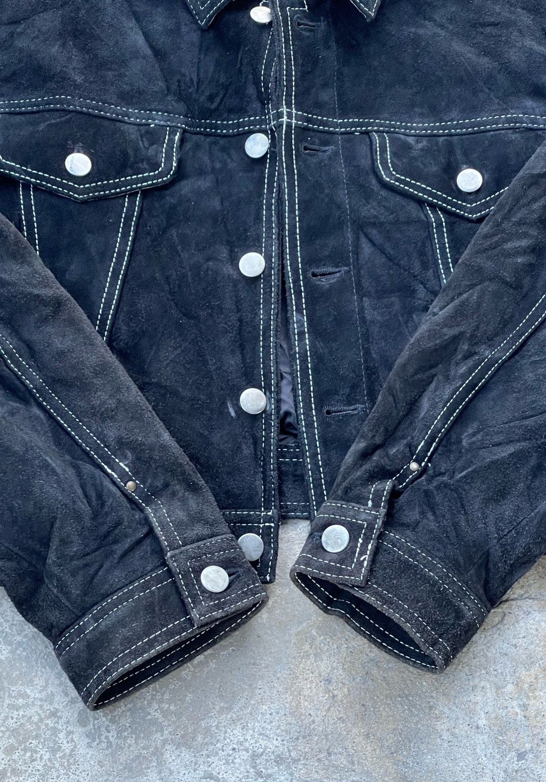 14th Addiction × Genuine Leather × Japanese Brand 🔥Vintage Japanese Brand Genuine Leather Trucker Jacket Size US S / EU 44-46 / 1 - 8 Thumbnail