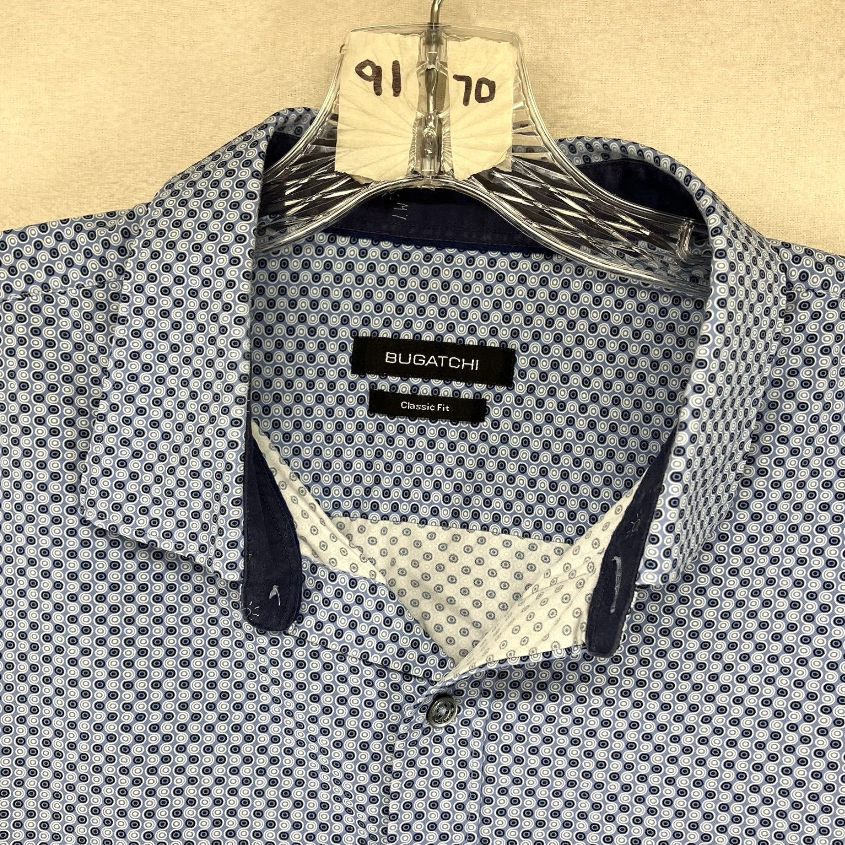 BUGATCHI BUGATCHI Shirt Mens 2XL Blue Geometric Print Button Up Cuffed Long Sleeve Nylon Spandex Wrinkle Resistant Business Casual Classic Fit Size US XXL / EU 58 / 5 - 3 Thumbnail