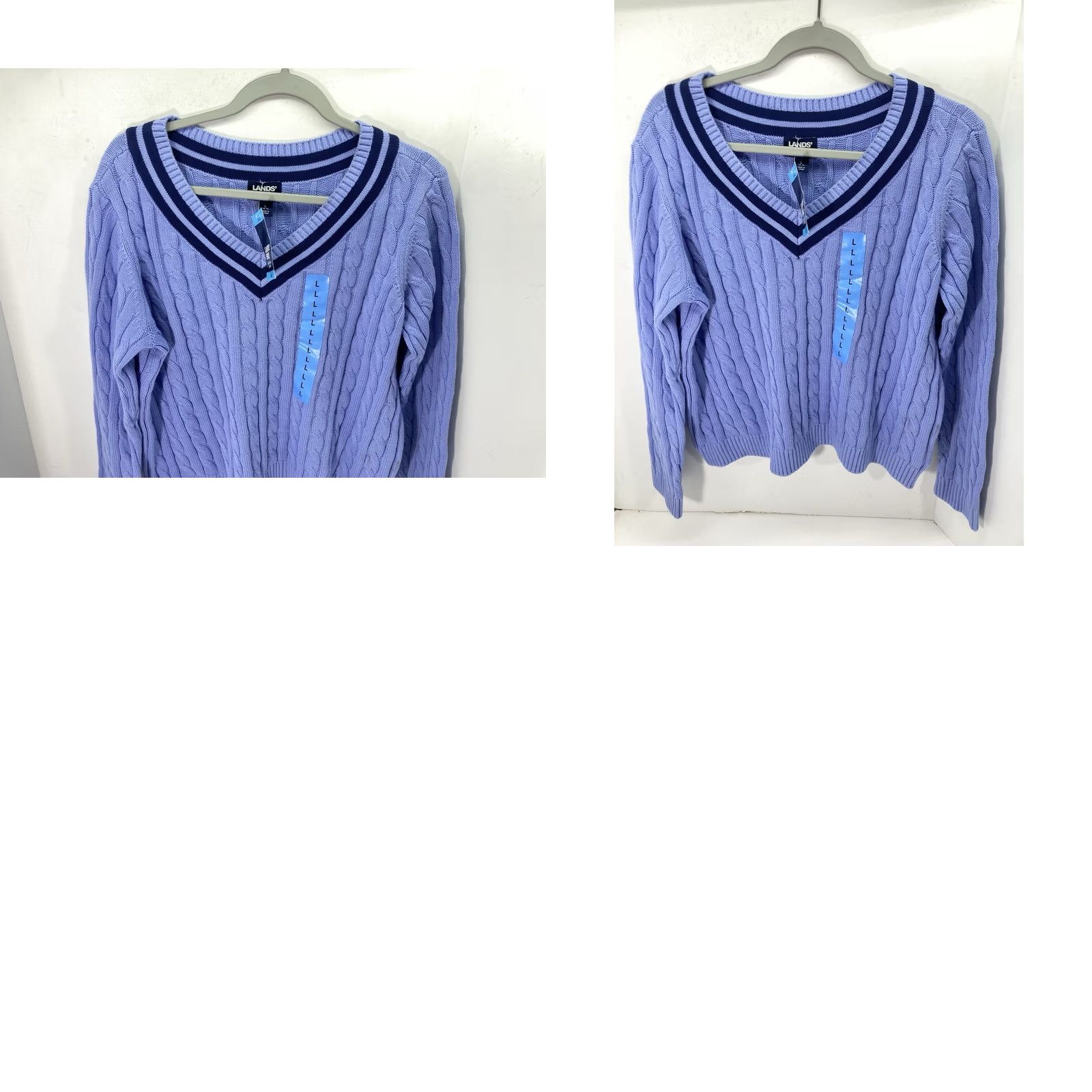 Lands' End Lands' End V Neck Cable Sweater Women Large Blue Long Sleeve Pullover Cotton NWT Size L / US 10 / IT 46 - 9 Thumbnail