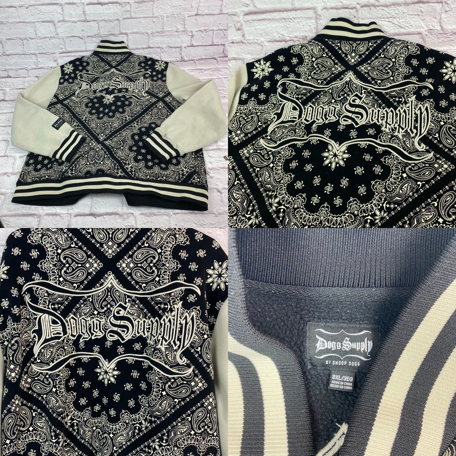 Vintage Dogg Supply by Snoop Dogg Mens Varsity Jacket 3XL Paisley Fleece Snaps Black Chest 50 in Mens Regular Jacket Size US XXL / EU 58 / 5 - 8 Thumbnail