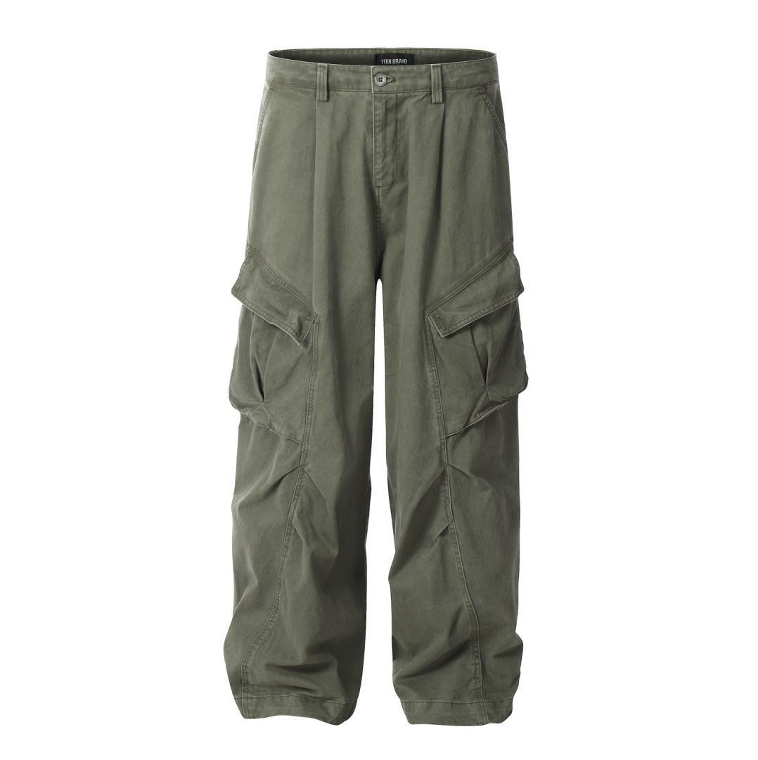 image of Cotton Cargo Pants Multi-Pocket Casual Wide-Leg Pants in Green, Men's (Size 30)