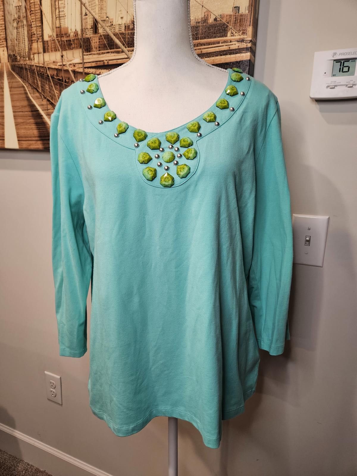 Designer Ruby Rd. Aqua Blue Embellished Top Size XL / US 12-14 / IT 48-50 - 1 Thumbnail