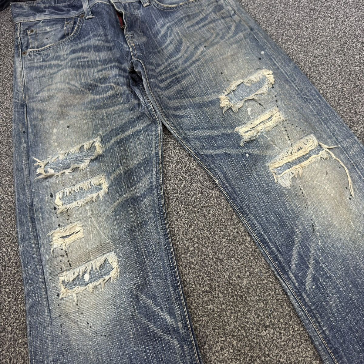 Seditionaries 🇯🇵 Vintage 90s Edwin 503 Blue Trip Distressed Splash Paint Size US 30 / EU 46 - 4 Thumbnail