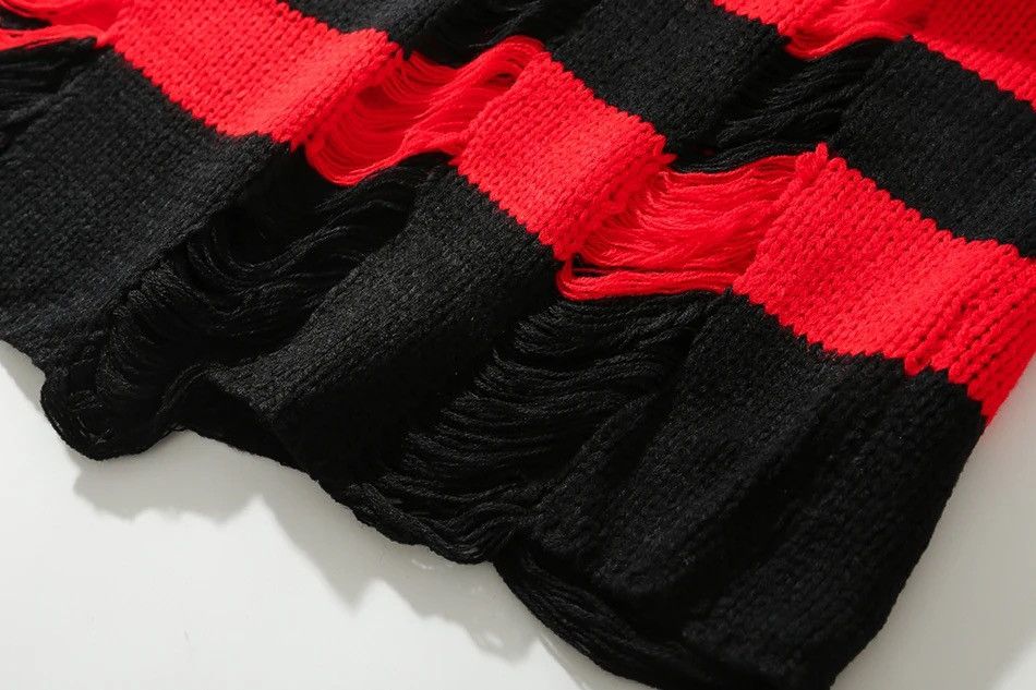 Japanese Brand × Vintage Sweater retro style loose pullover stripes torn holes fringe Size US L / EU 52-54 / 3 - 6 Thumbnail