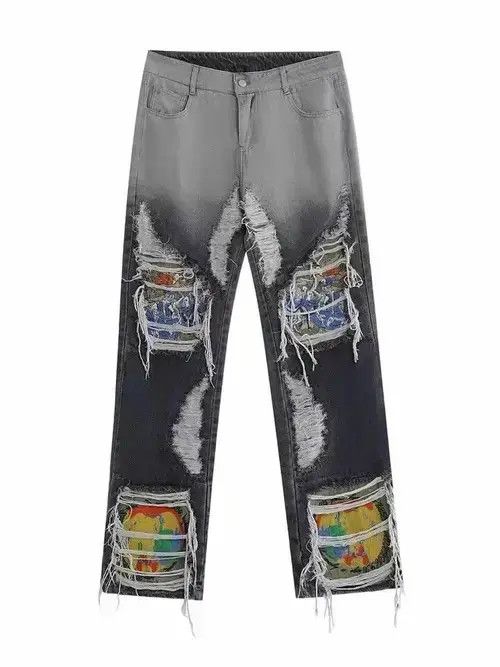 Jean Embroidered Loose Straight Leg Ripped Jeans Size US 35 - 2 Thumbnail