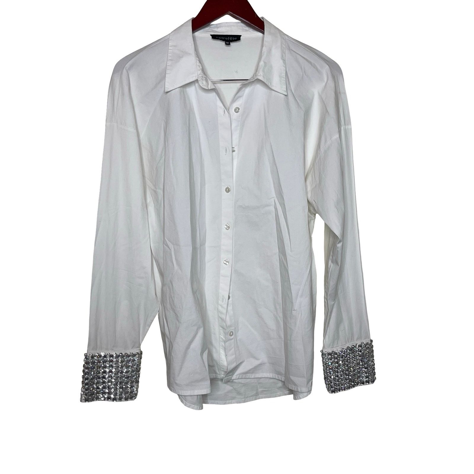 Retrofete Retrofete Katie Rhinestone Cuff Button Down Top White Silver Size M / US 6-8 / IT 42-44 - 2 Thumbnail