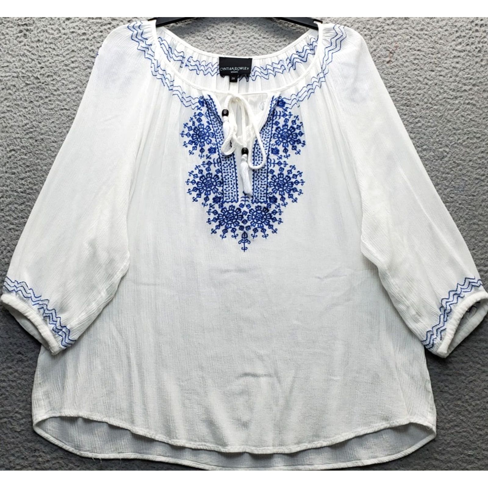 Cynthia Rowley Cynthia Rowley Blouse Women's 2X Embroidered Floral Keyhole Tie Neck Balloon Sleeve Casual Shirt Size XXL / US 16-18 / IT 52-54 - 2 Thumbnail