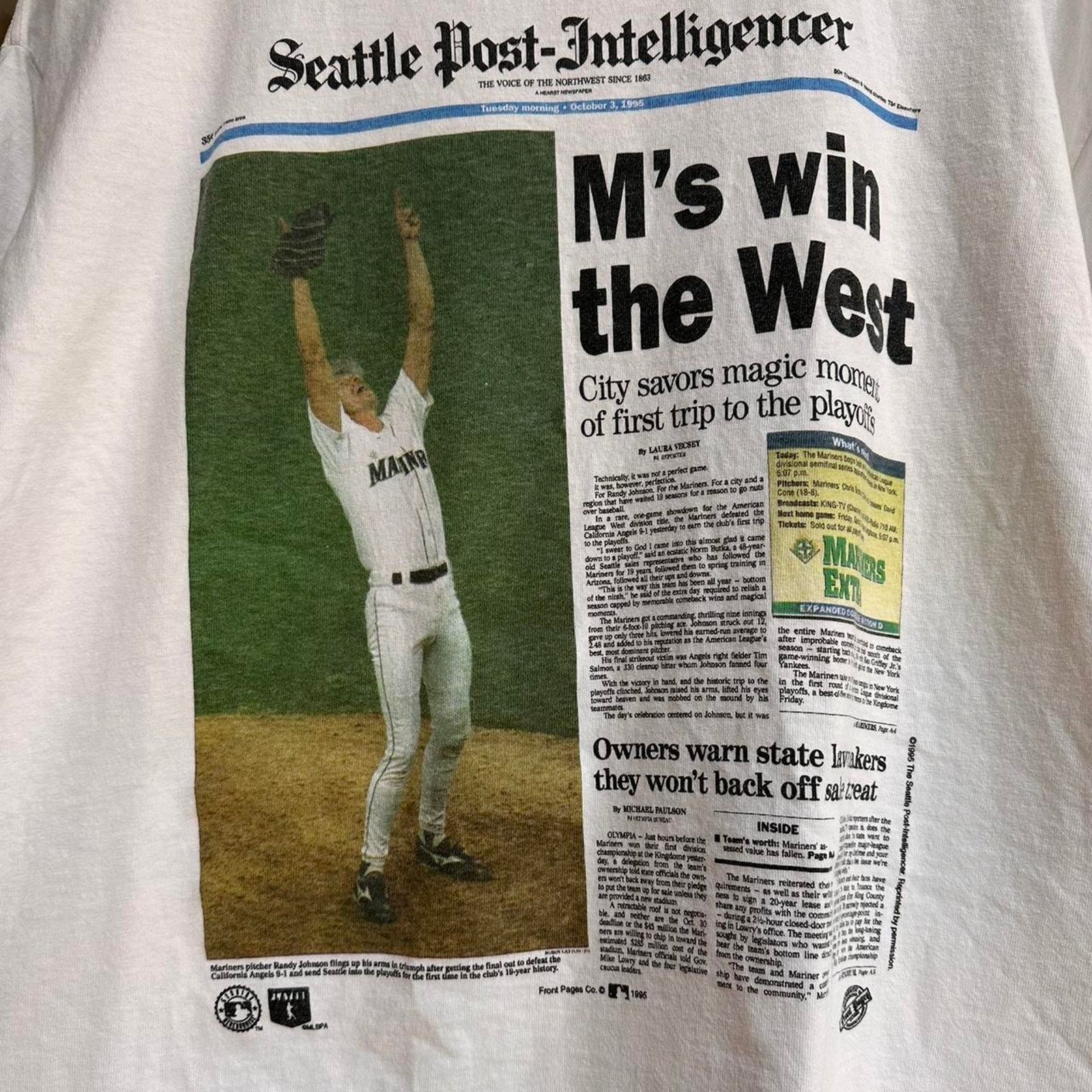 MLB × Tultex × Vintage Vintage 1995 Seattle Mariners Newspaper Shirt Size US XL / EU 56 / 4 - 5 Thumbnail