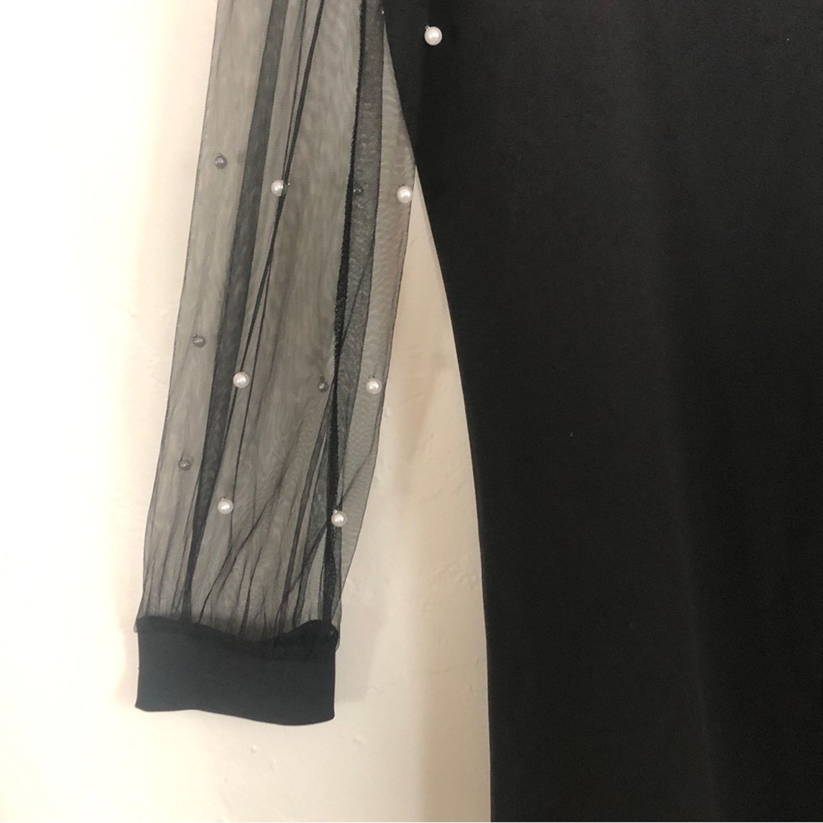 Other Classy Black Sheer Pearl Beaded Dot Mesh Mini Dress Size XL / US 12-14 / IT 48-50 - 3 Thumbnail