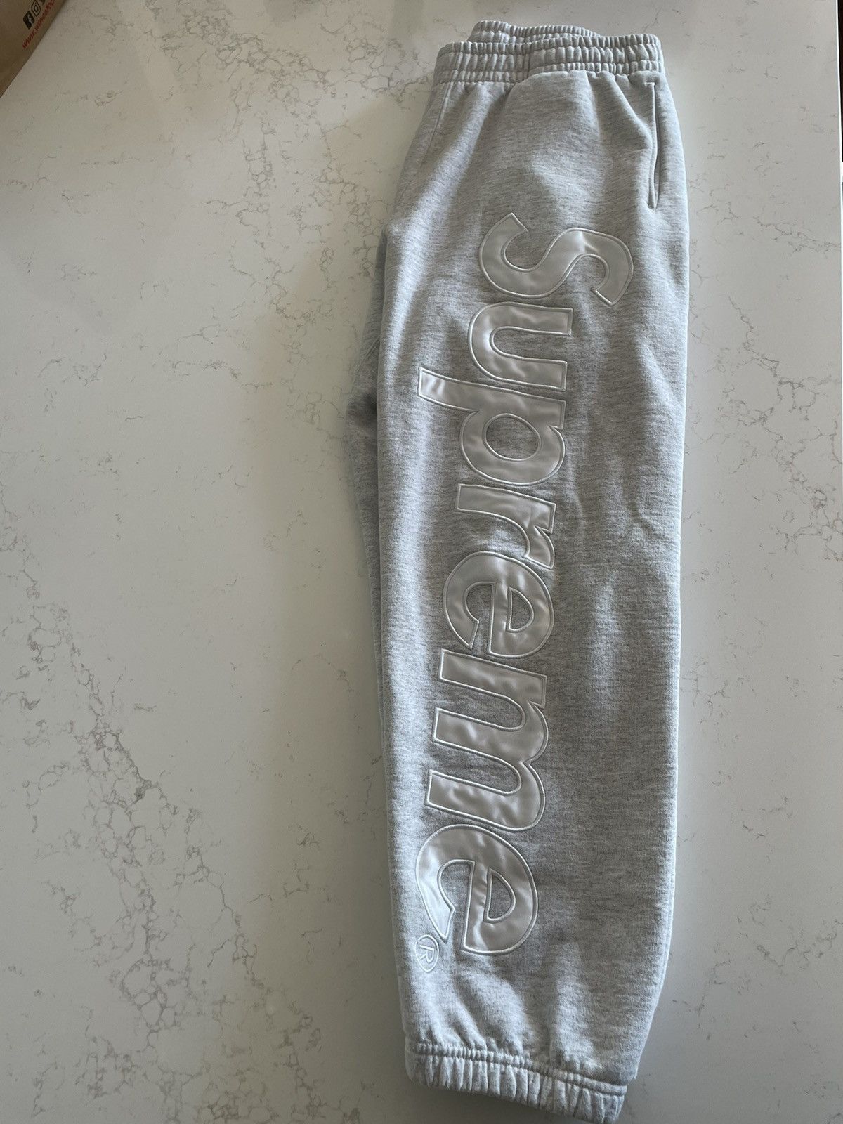 image of 2023 Supreme Satin Appliqué Sweatpant 'ash Grey, Men's (Size 30)