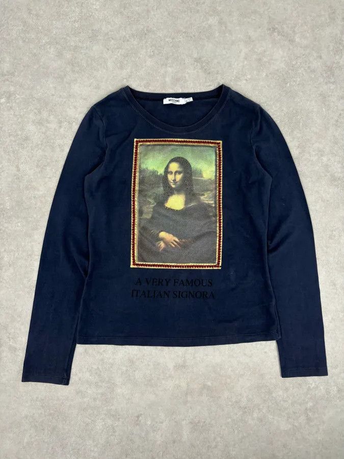 Moschino 2000s Moschino Navy Mona Lisa Studded Graphic Longsleeve T-Shirt Size US XS / EU 42 / 0 - 1 Thumbnail