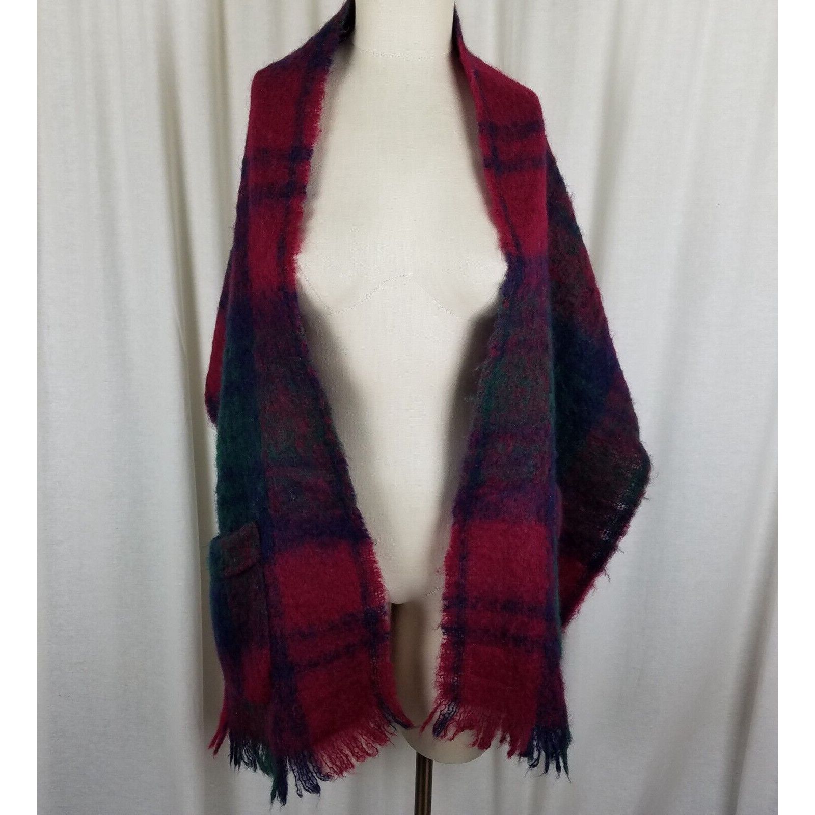 Vintage Glentana Scotland Mohair Plaid Fringe Scarf Wrap Pockets Size ONE SIZE - 1 Thumbnail