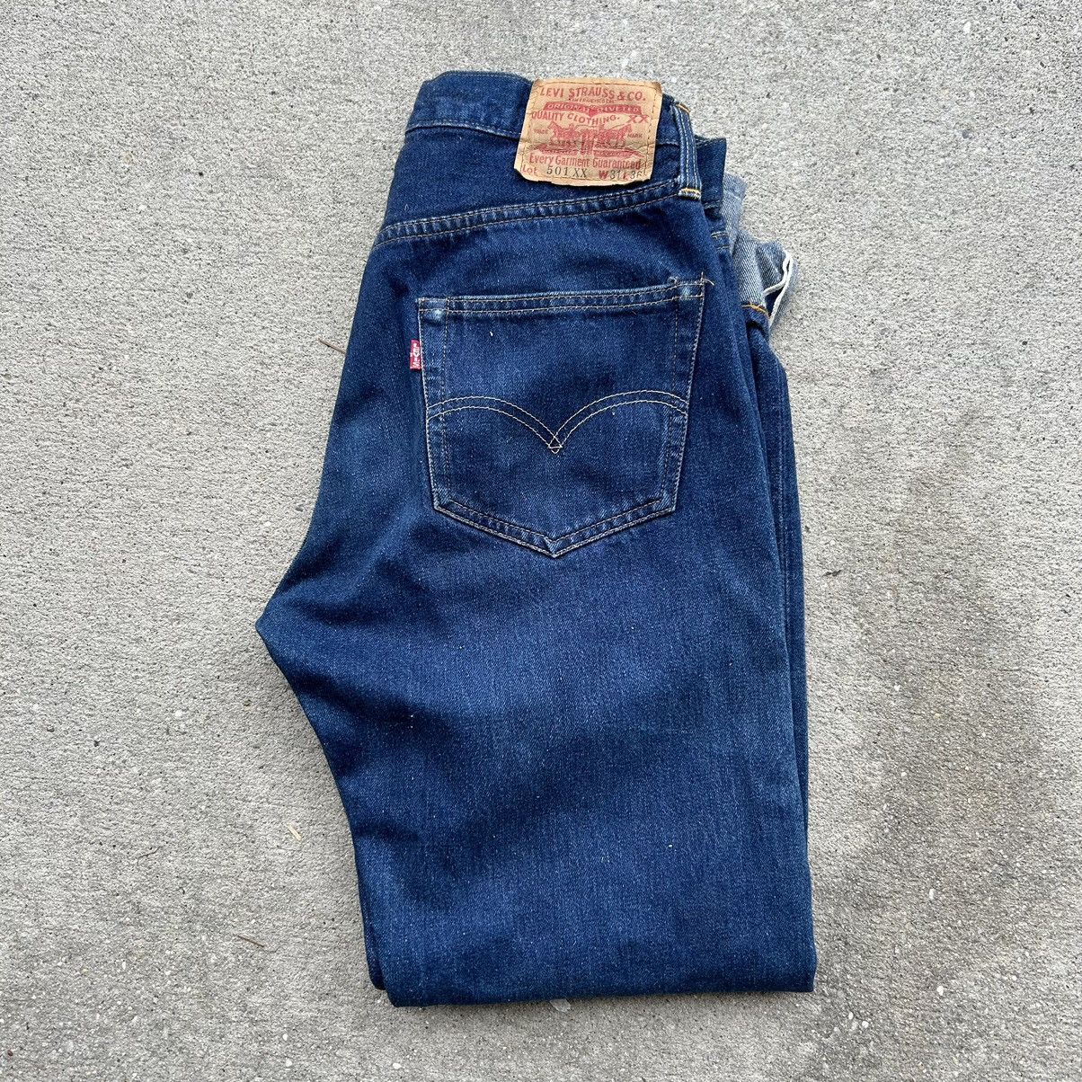 Image of Levis x Levis Vintage Clothing 1996 Levi Is 501 Big E Selvedge Denim Jeans in Navy Denim (Size 31)