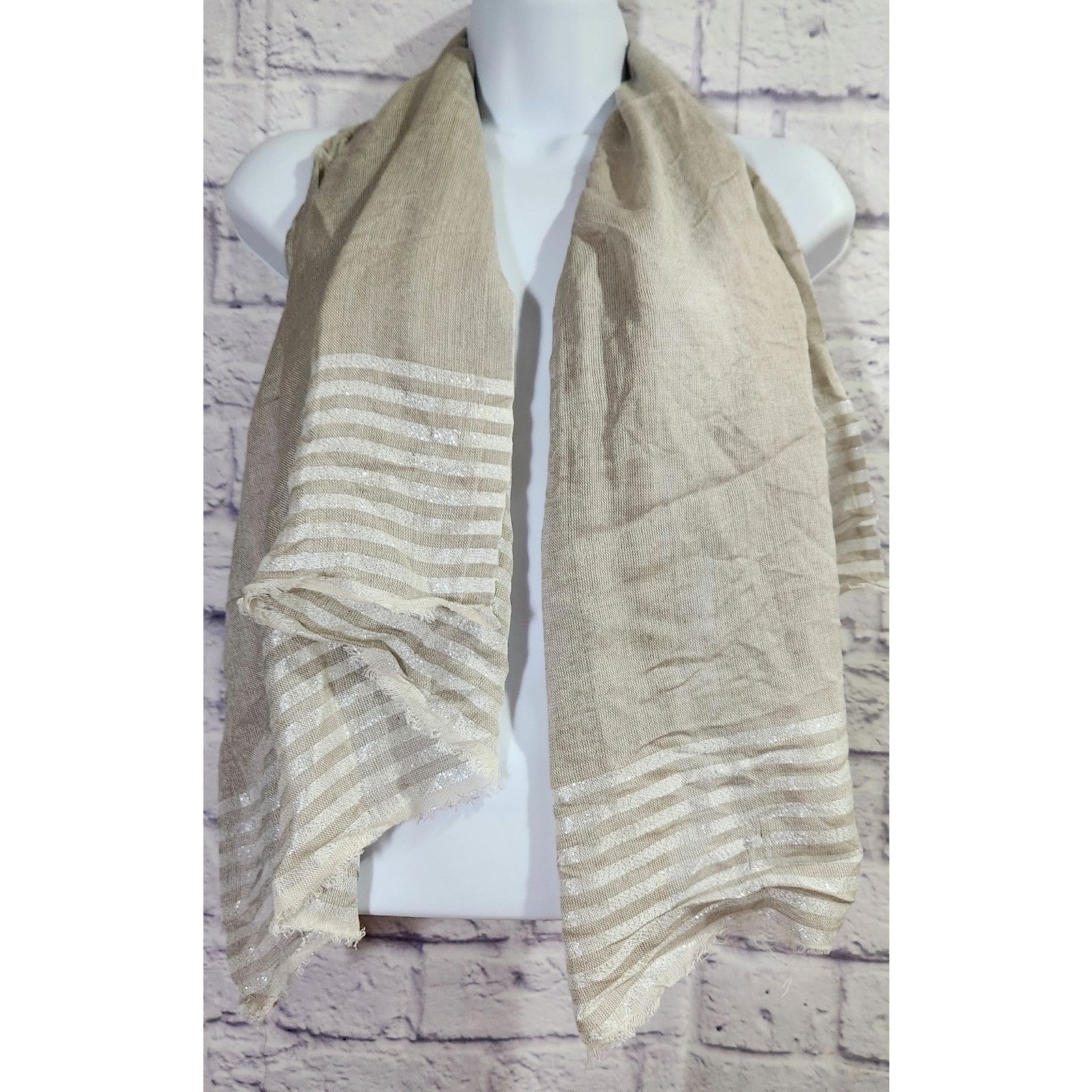 Other Gray Beige White Silver Metallic Thread Stripes Scarf Frayed Size ONE SIZE - 1 Thumbnail