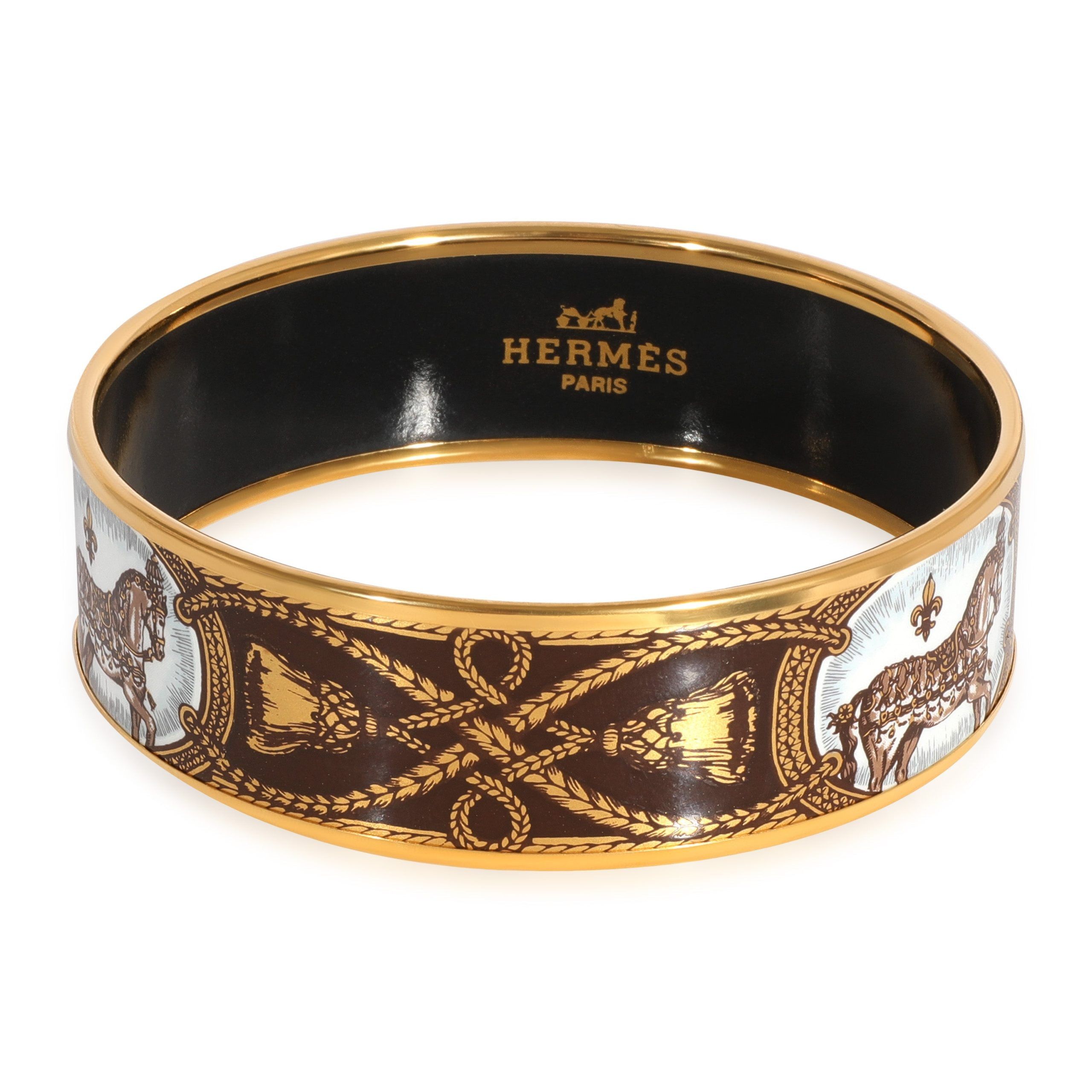 image of Hermes Plated Brown Enamel Grand Apparat Wide Bracelet (67Mm) in Yellow, Women's