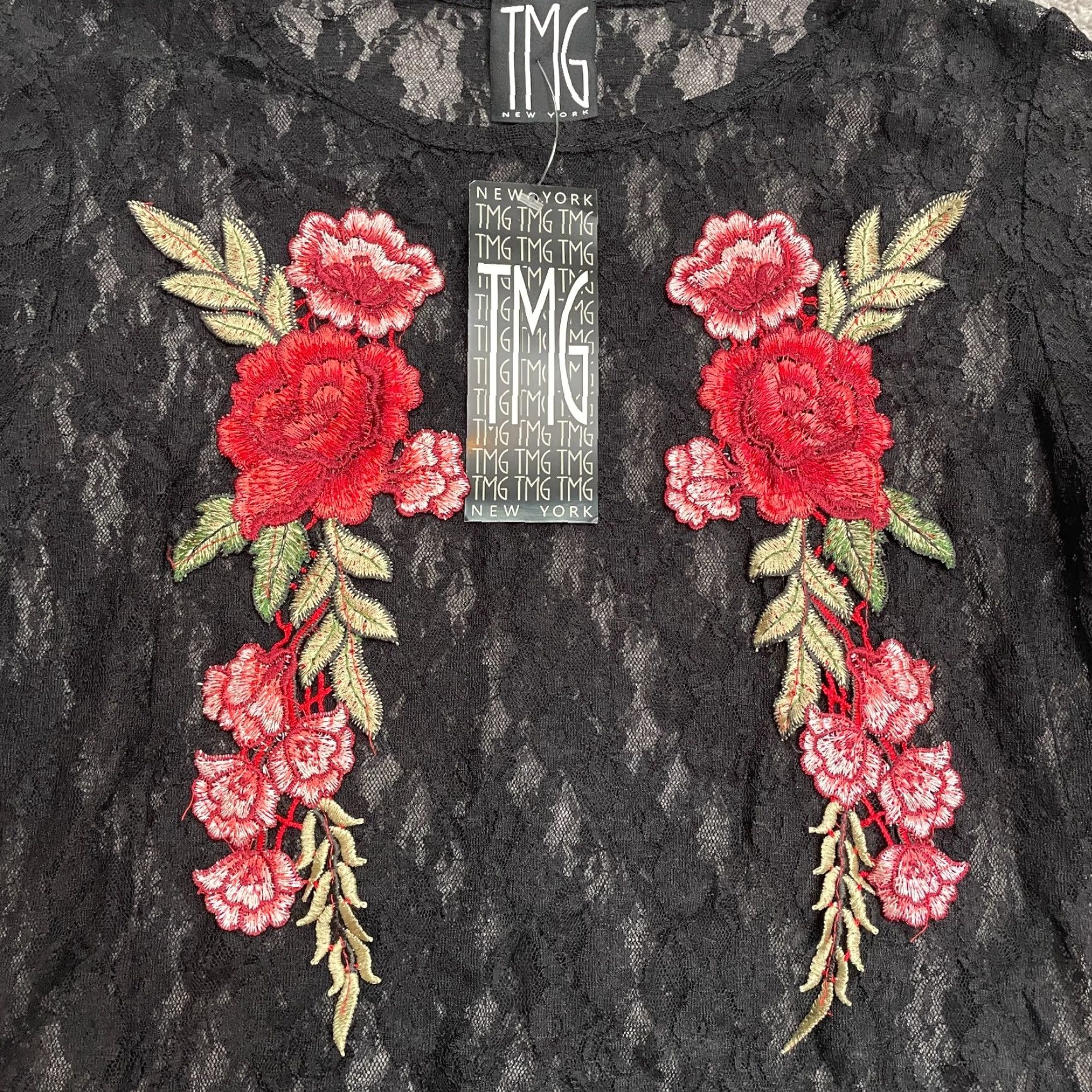 Vintage TMG Blouse Shirt Womens L Black Embroidered Lace Top NWT Rose Floral Short Sleeve Sheer Knit Nylon Spandex Casual Beach Classic 90s Size L / US 10 / IT 46 - 5 Thumbnail