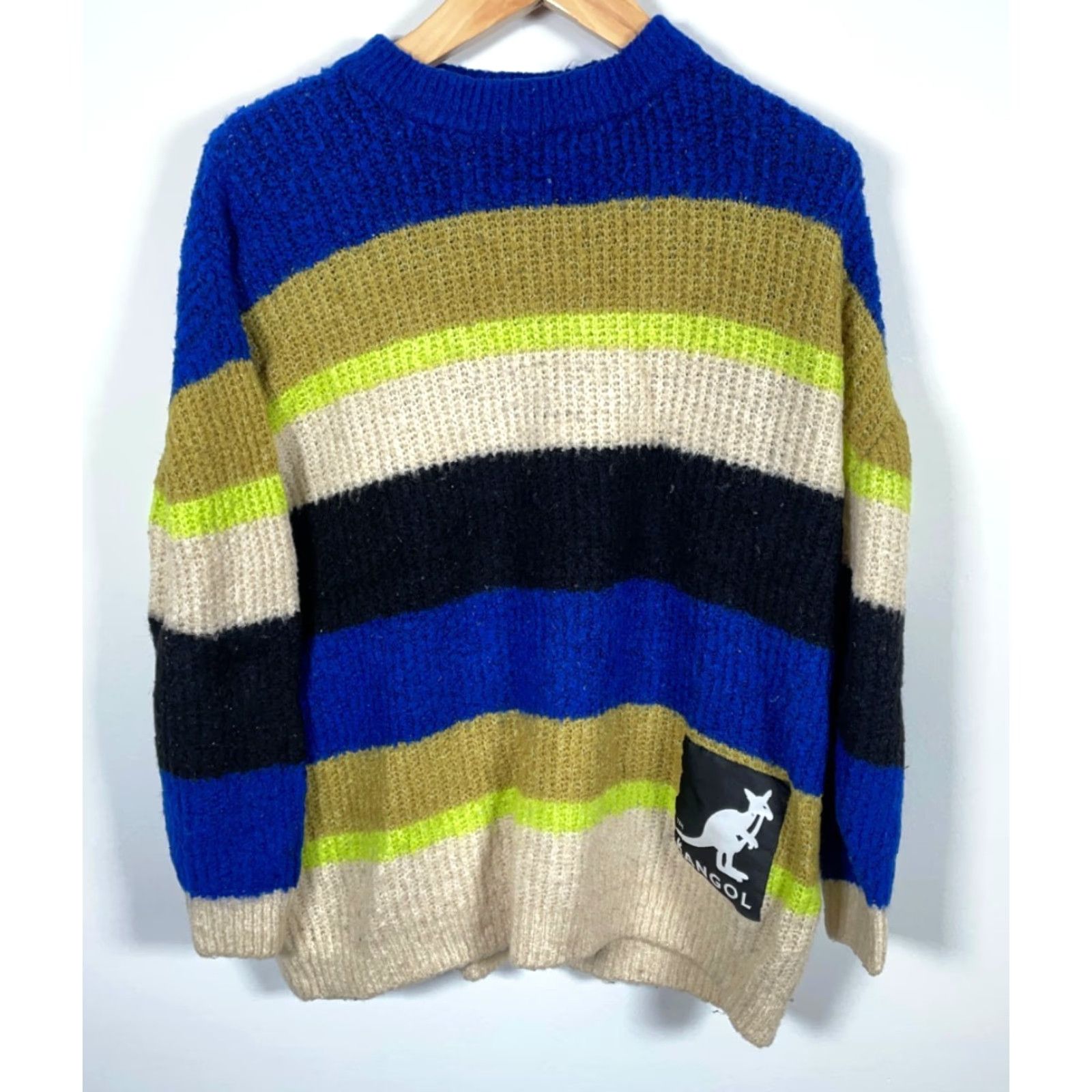H&M Kangol x H&M Sweater Women's Medium Beige Blue Striped Oversized Chunky Knit Pullover Crew Neck Casual 90s Hipster Retro Womens Size M / US 6-8 / IT 42-44 - 2 Thumbnail
