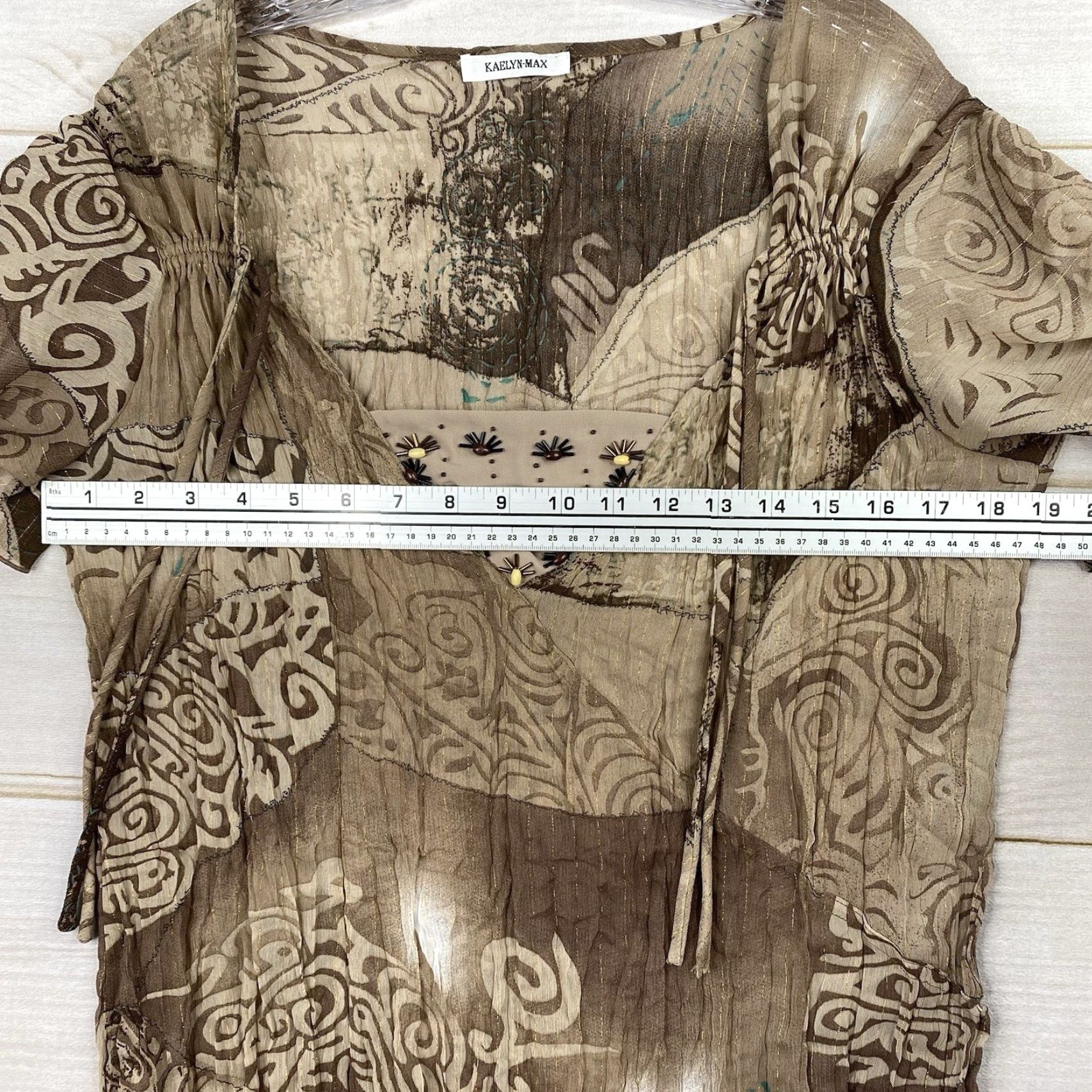 Vintage VINTAGE Kaelyn-Max Top Sz L Brown Crinkle Geometric Chiffon Square Neck Flared Sleeve 90s Womens Size L / US 10 / IT 46 - 6 Thumbnail