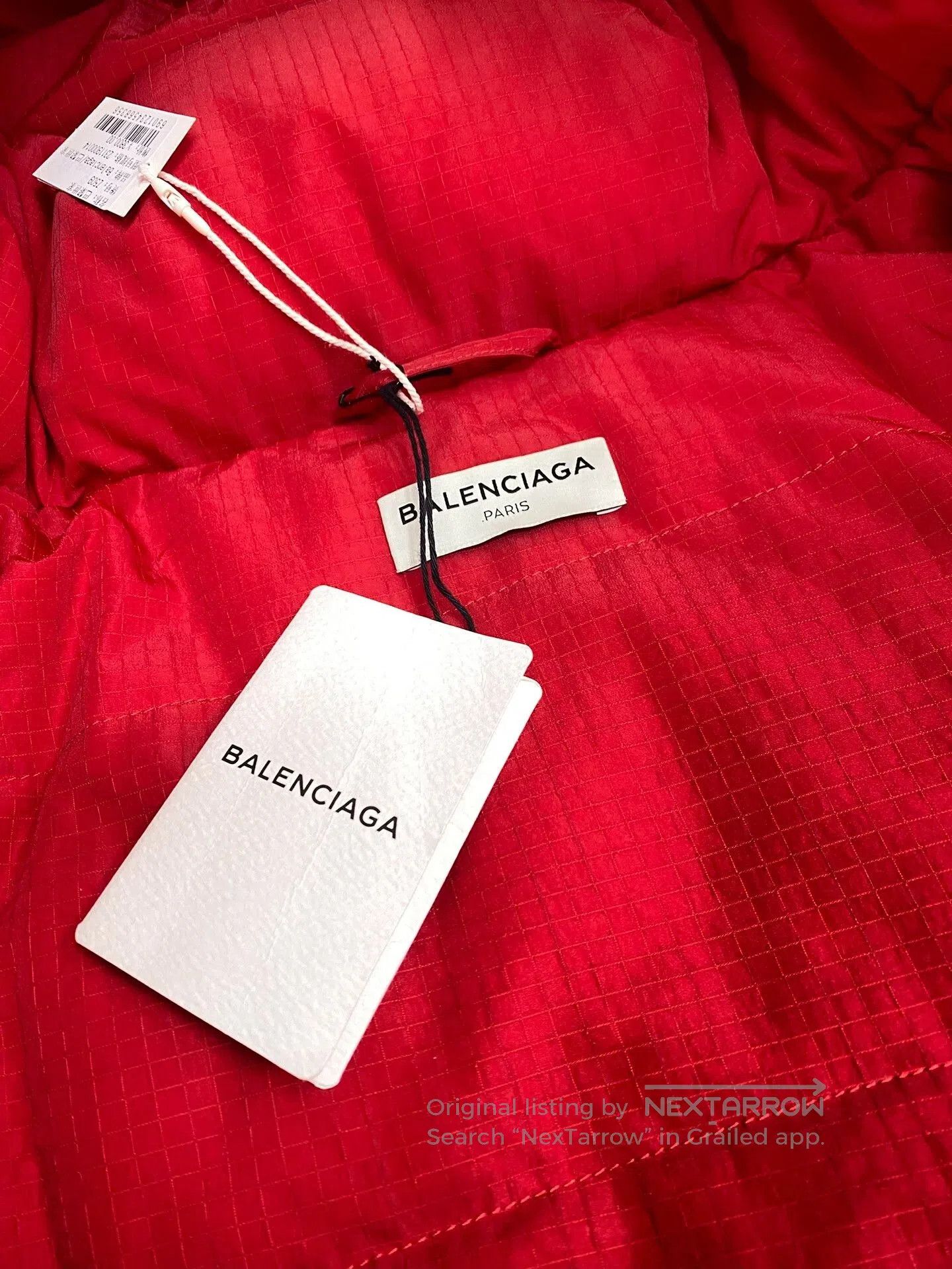 balenciaga red puffer jacket with scarf.