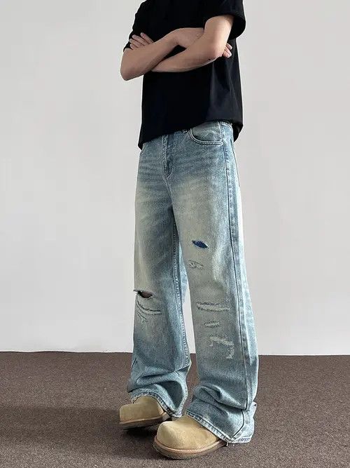 Jean Light Blue Baggy Distressed Denim Jeans, Wide Leg Jeans Size US 32 / EU 48 - 4 Thumbnail
