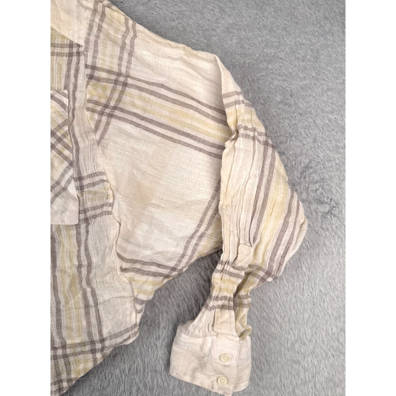Free People Free People Button-Up Shirt Womens Small Beige Plaid Linen Crop Long Sleeve Casual Size S / US 4 / IT 40 - 2 Thumbnail