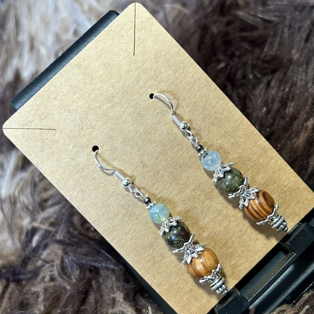 Handmade Handcrafted vintage wood bead dragon vein agate earrings Size ONE SIZE - 1 Thumbnail