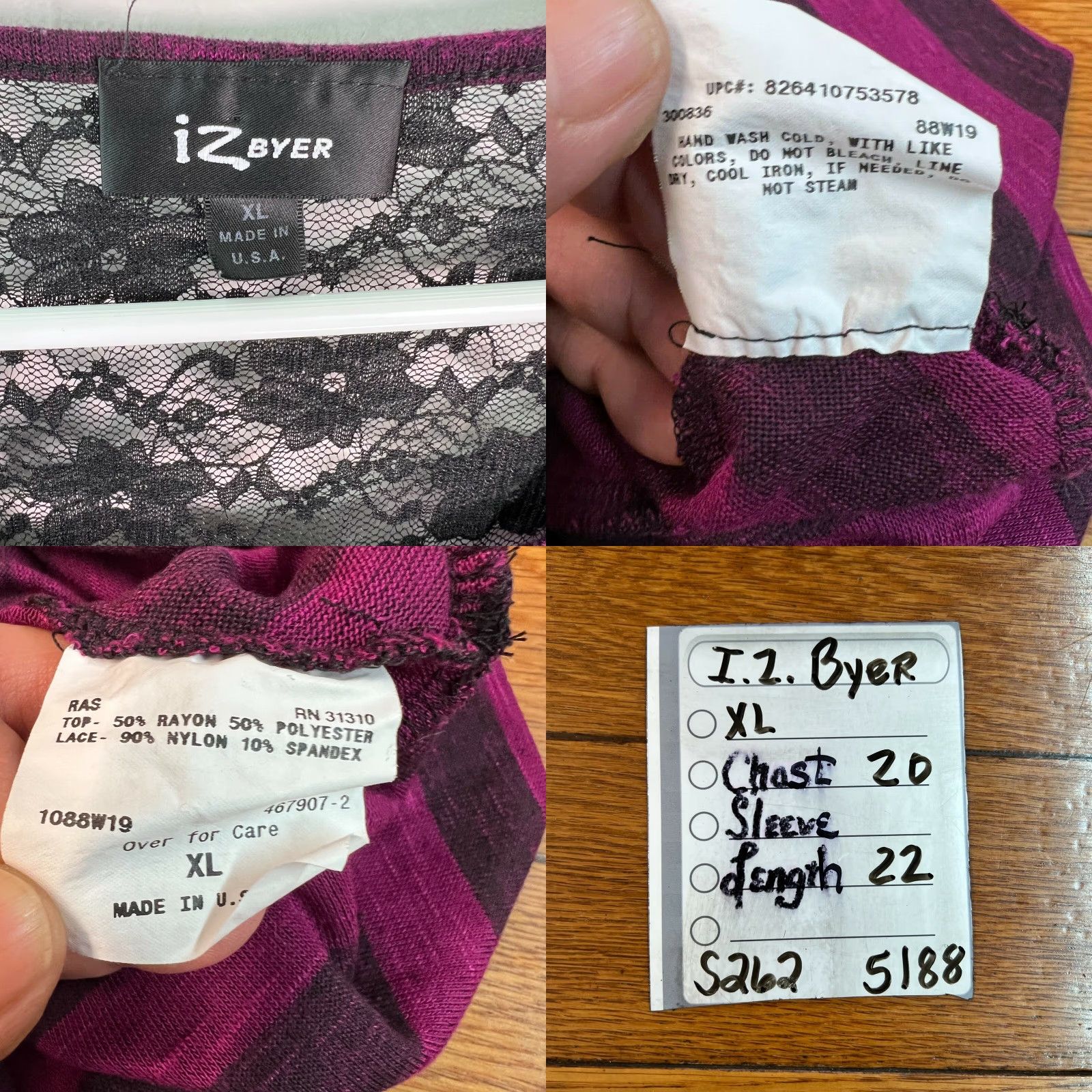 Vintage IZ Byer Womens Blouse Shirt Striped Lace Back Purple XL Dolman Sleeve Casual Regular Runtime: 22in 40in Chest Womens Fit 50% Rayon 50% Polyester Size XL / US 12-14 / IT 48-50 - 8 Thumbnail