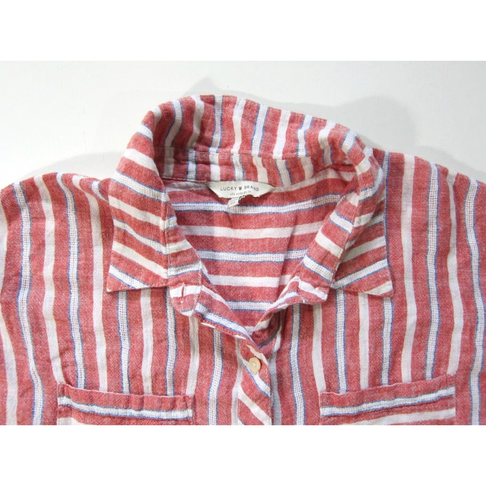 Lucky Brand Lucky Brand Blouse Shirt Ladies M Red Cap Sleeve Open Back Linen Rayon Stripe Button Down Size M / US 6-8 / IT 42-44 - 3 Thumbnail