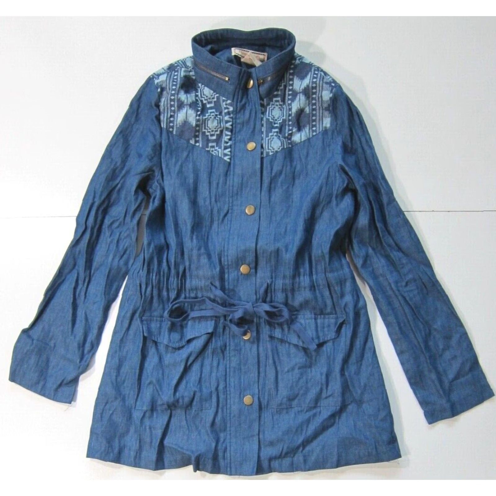 Vintage Flying Tomato 100% Cotton Tribal Blue Denim High Neck Long Zip Jacket Women S Size S / US 4 / IT 40 - 7 Thumbnail