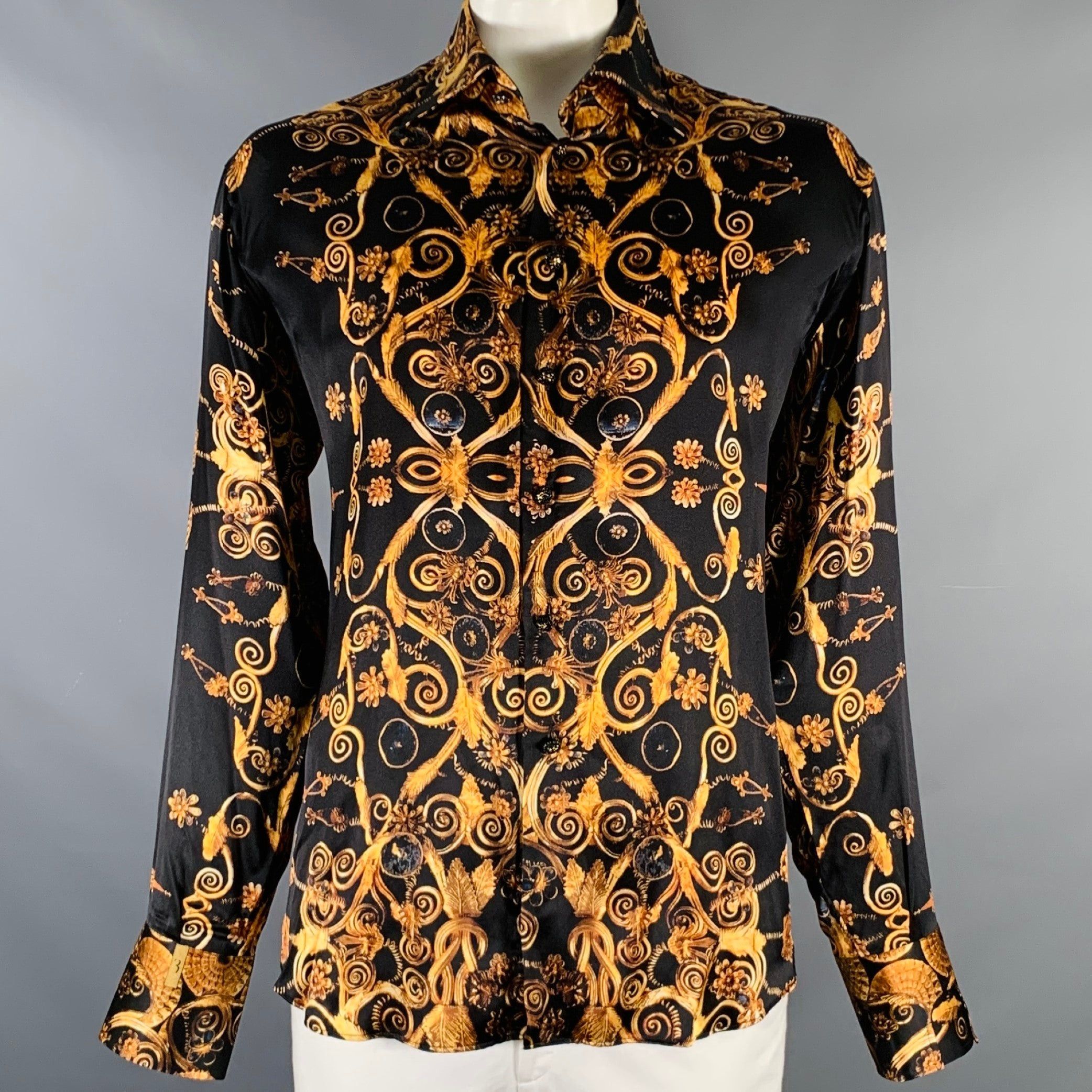 image of Billionaire Couture Black Gold Print Silk Long Sleeve Shirt, Men's (Size XL)