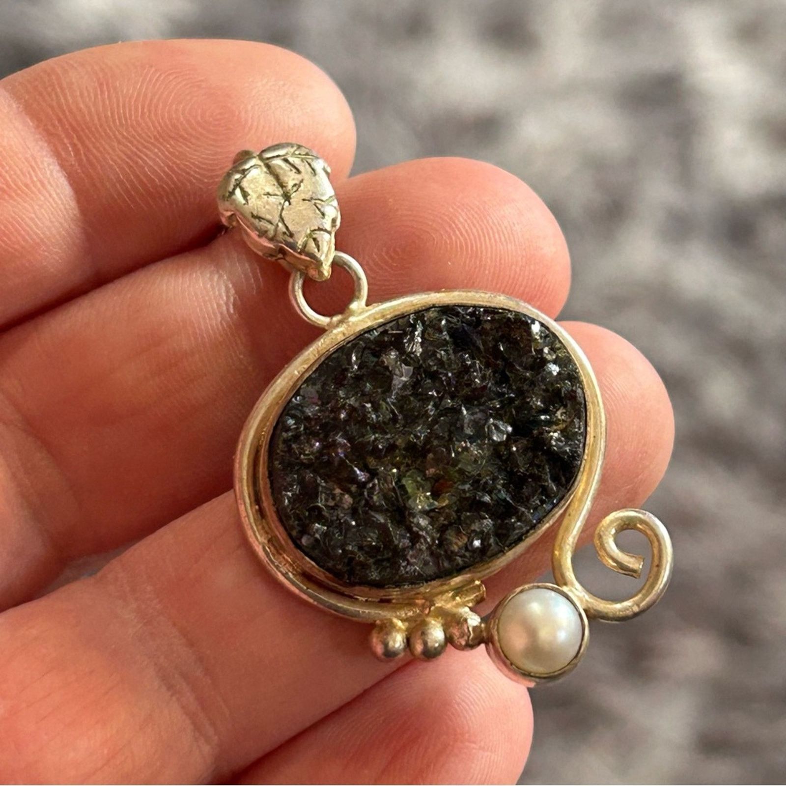Handmade Handcrafted moissanite druzy genuine pearl pendant necklace Size ONE SIZE - 1 Thumbnail