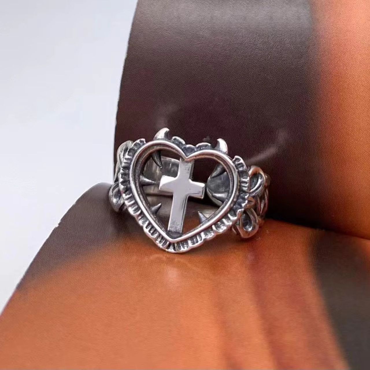 Jewelry Gothic Death Cross Heart Ring Size ONE SIZE - 3 Thumbnail