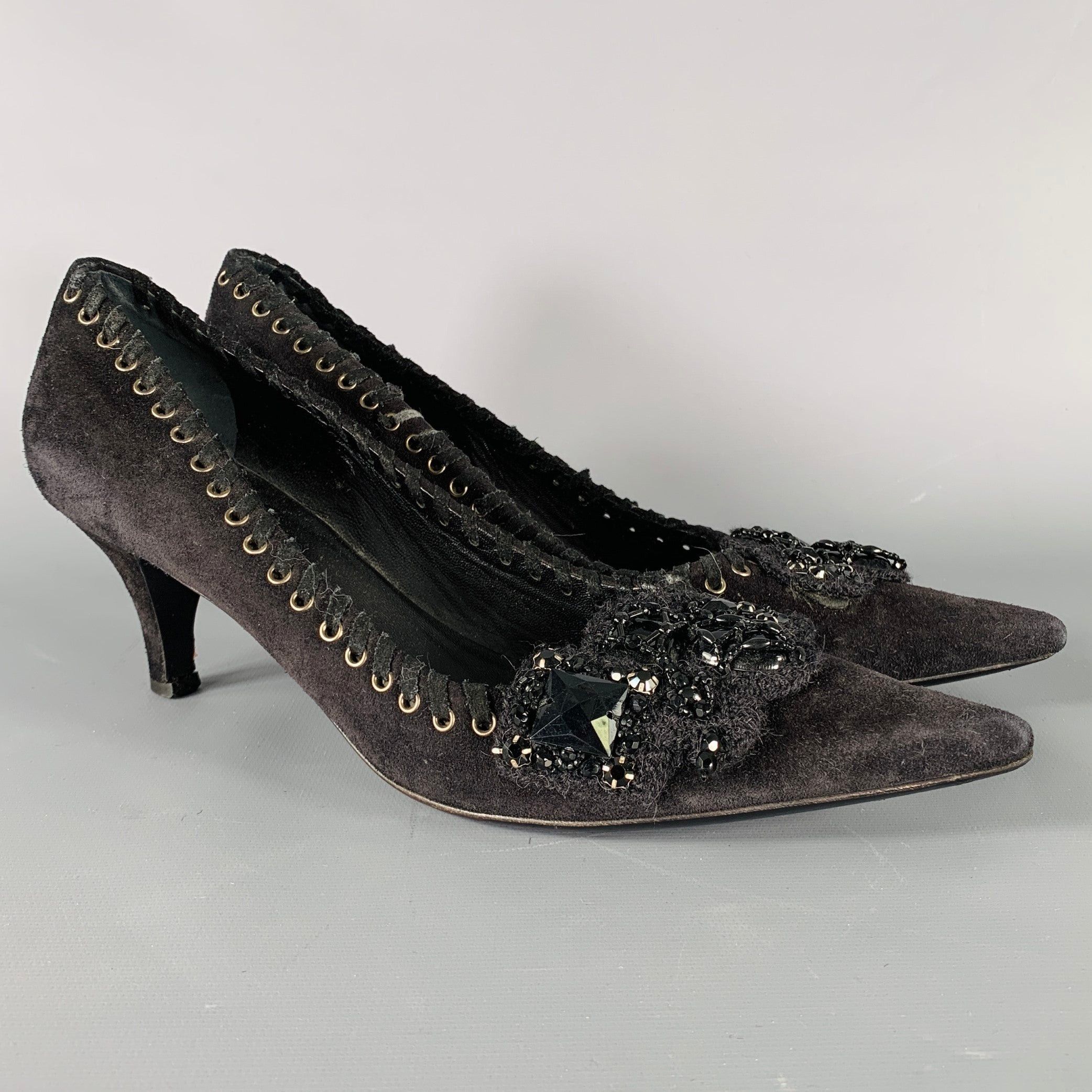 image of Prada Black Suede Beaded Embellishment Heel Shoes Pumps, Women's (Size 7.5)