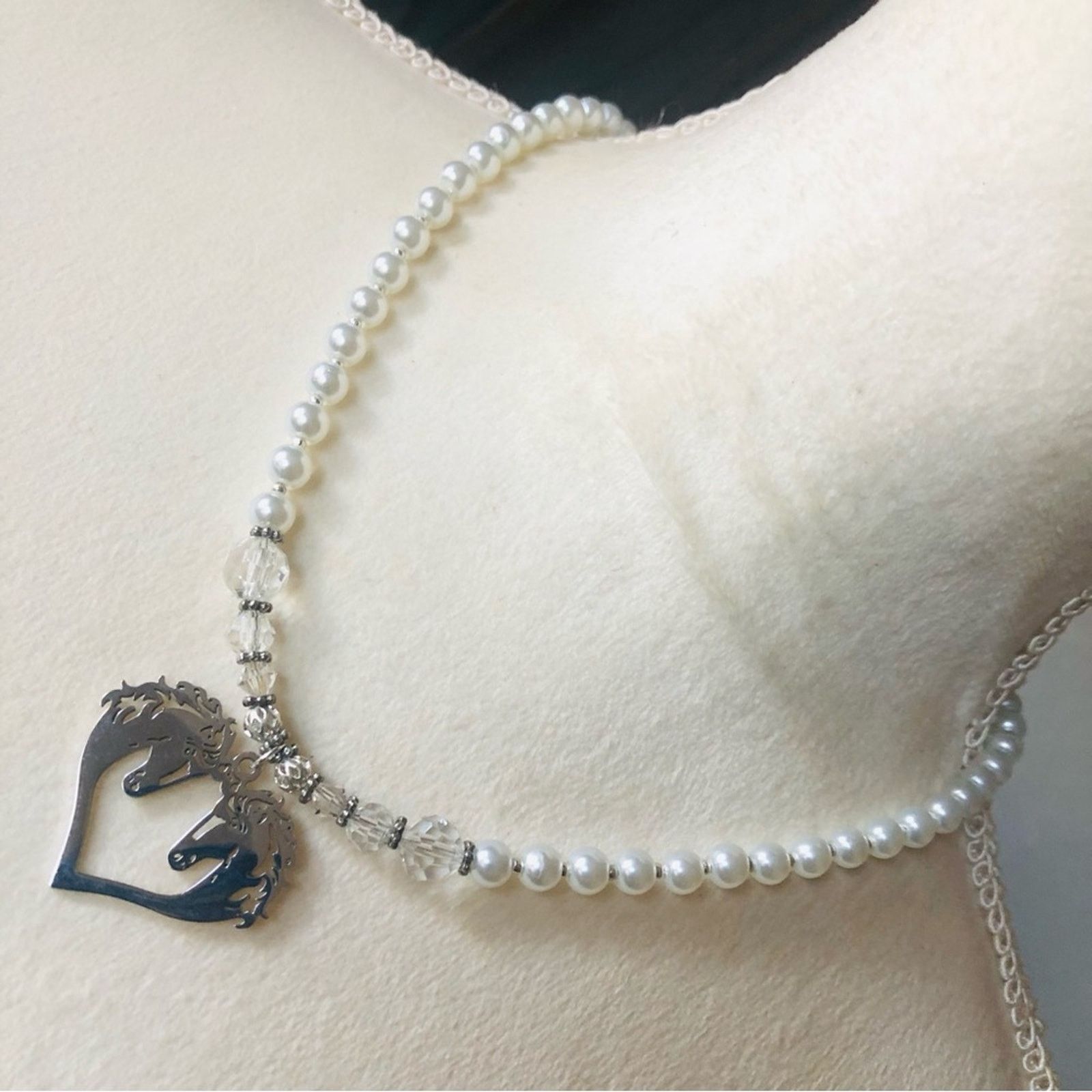 Handmade Handcrafted repurpose shiny silver horse love Pearl necklac Size ONE SIZE - 1 Thumbnail