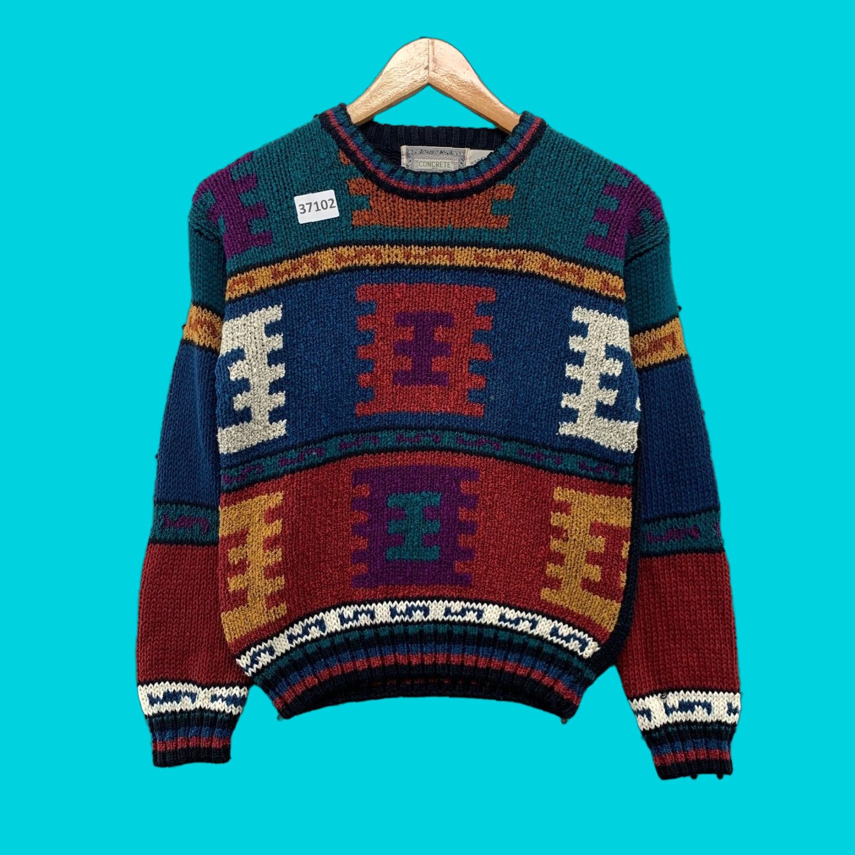 VINTAGE Concrete Knit Sweater Womens Small Multicolor Geometric Chunky-Knit Pullover 16.5x21C