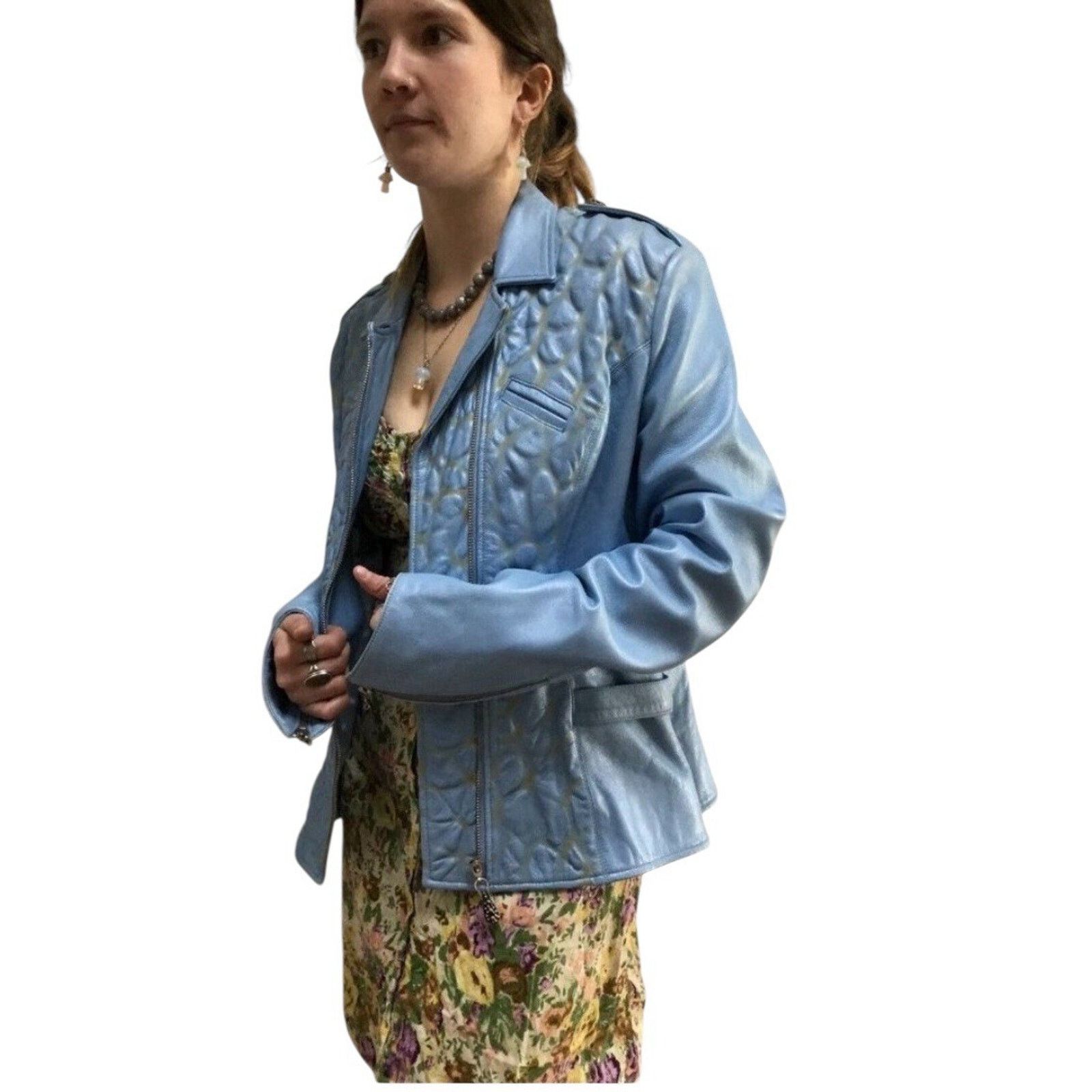 Vintage 90s Kaptain Celebrity Design M Blue Leather Moto Jacket Size M / US 6-8 / IT 42-44 - 2 Thumbnail