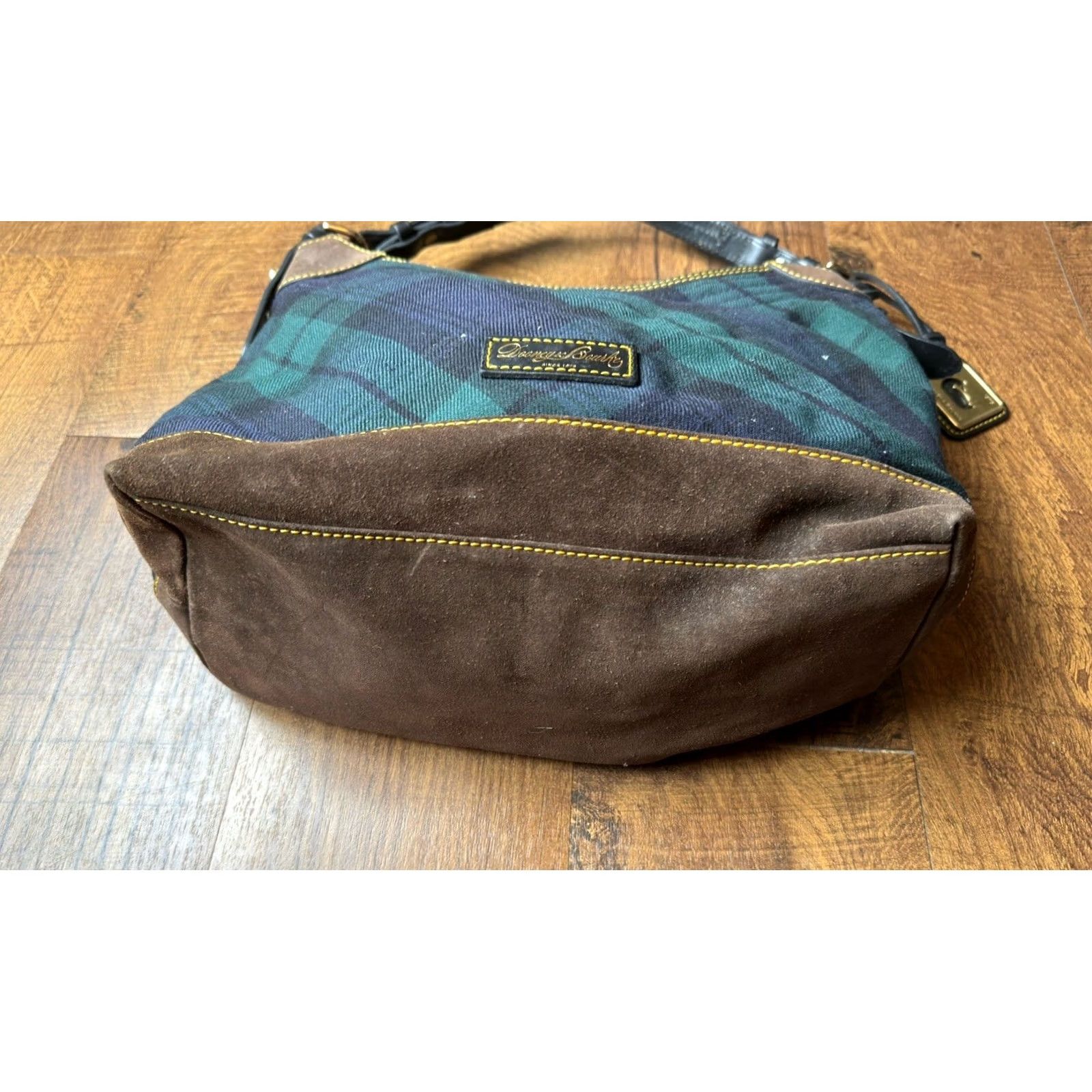 Dooney & Bourke VINTAGE Dooney & Bourke Wool black watch Tartan Plaid Shoulder Bag Leather Suede - READ Women Large Green Navy Hobo Size ONE SIZE - 7 Thumbnail
