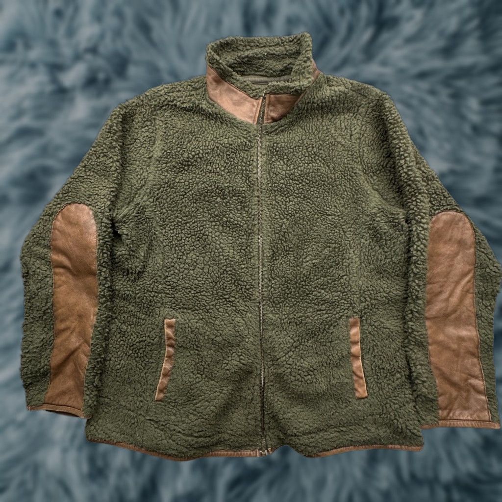 Orvis VINTAGE Orvis Deep Pile Fleece Sherpa Leather Trim Jacket Womens Large Green Brown Size L / US 10 / IT 46 - 1 Thumbnail