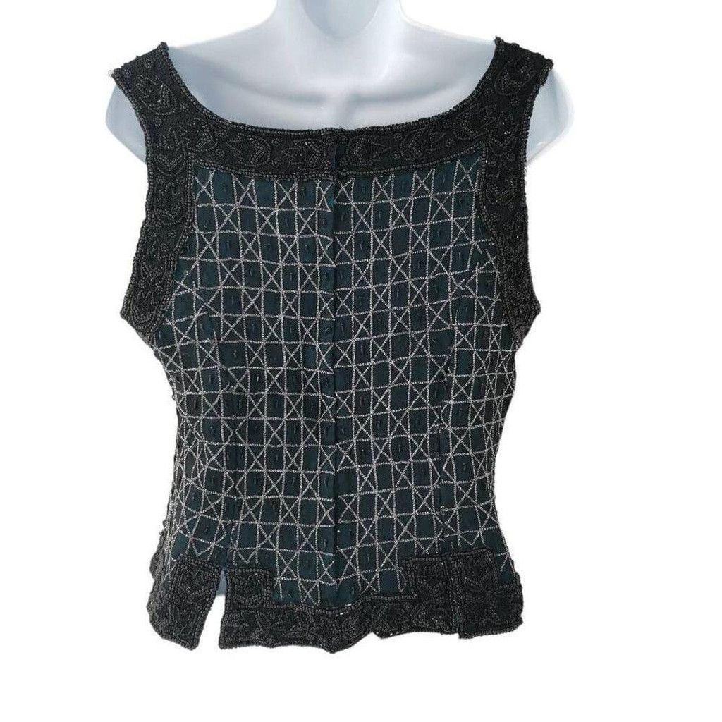 Vintage Vintage Teal Silk Sleeveless Top Hand Embellished Size L / US 10 / IT 46 - 6 Thumbnail