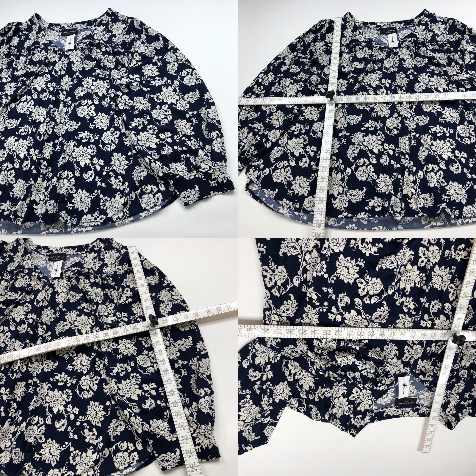 Vintage Lane Bryant Blouse, Plus Size 4X, Smock Pullover, Blue Ivory All Over Print, Long Sleeve, Round Neck, Polyester Spandex, Casual Shirt, Women Size XXL / US 16-18 / IT 52-54 - 8 Thumbnail