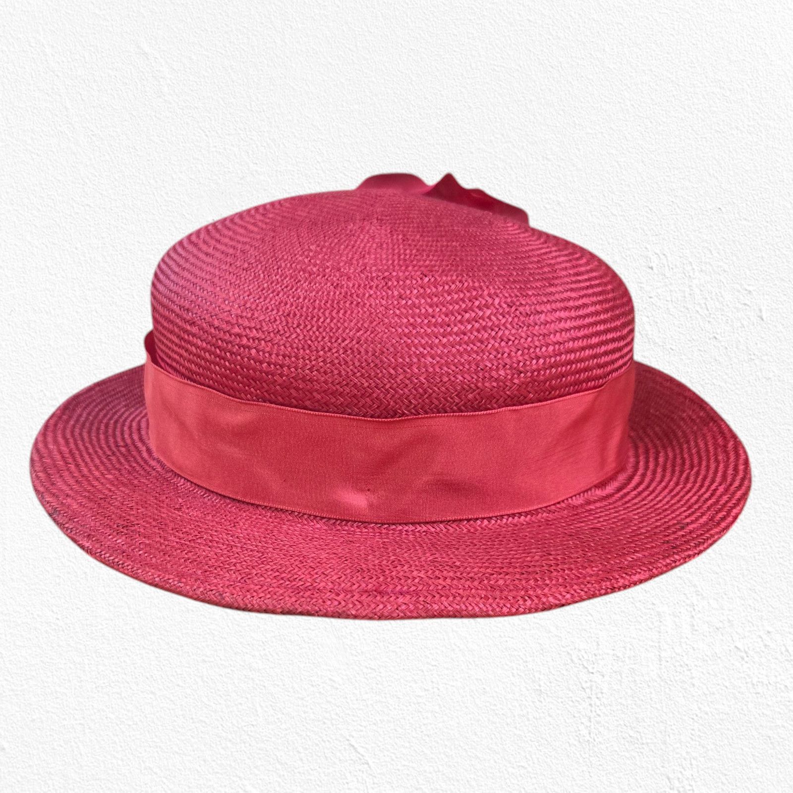 Vintage Vintage Red Derby Hat Wide Brim Rose Straw OS Size ONE SIZE - 3 Thumbnail