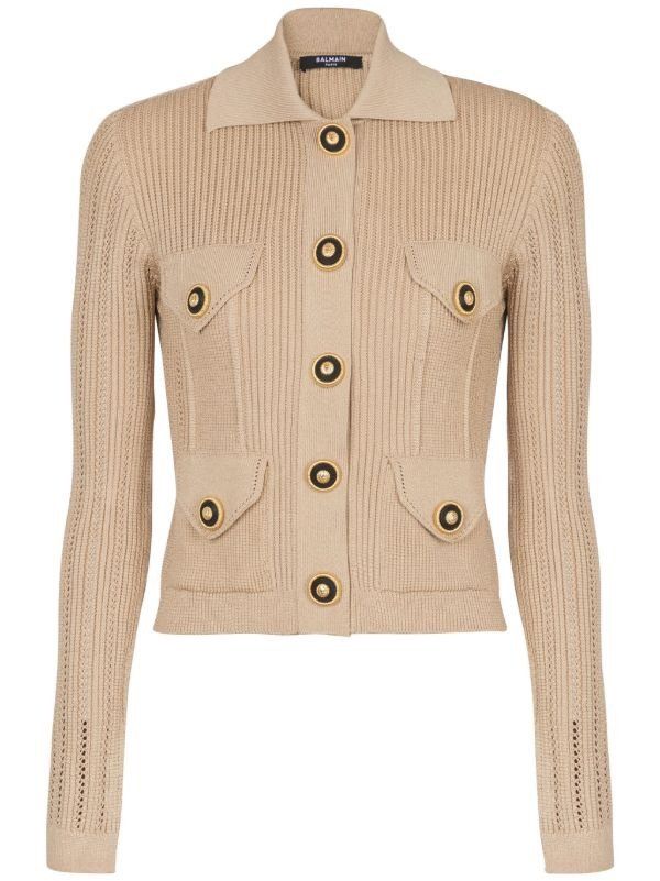 Balmain o1mt1gz0126 4 Pockets Buttoned Ribbed Knit Cardigan in Brown Size S / US 4 / IT 40 - 1 Thumbnail